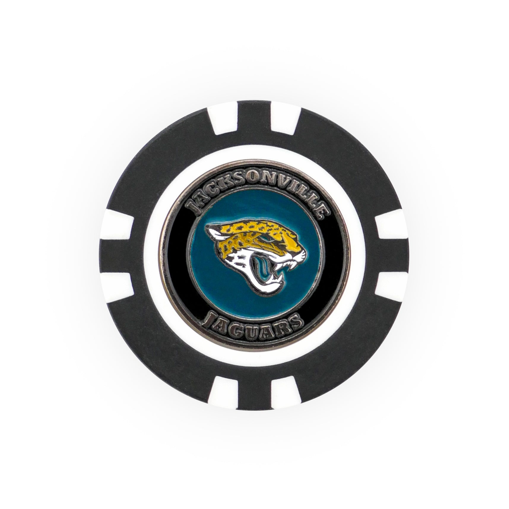 The NFL Team Ball Marker by NFL features a black and white poker chip design with the Jacksonville Jaguars logo—a jaguar head on teal—and "JACKSONVILLE JAGUARS" around the edge.