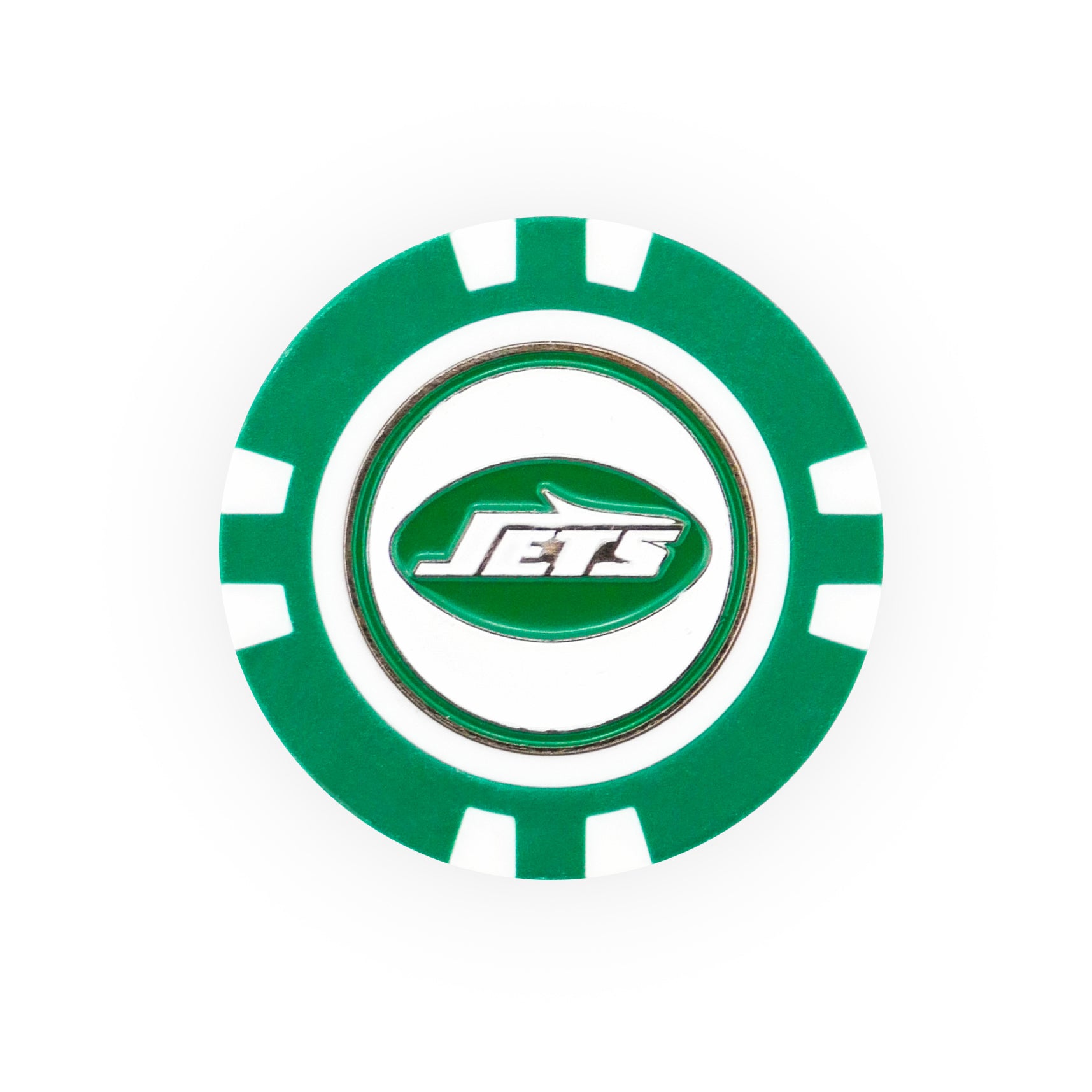 The NFL Team Ball Markers by NFL feature a green and white poker chip design with the New York Jets logo and "Jets" inside a green football shape at the center.