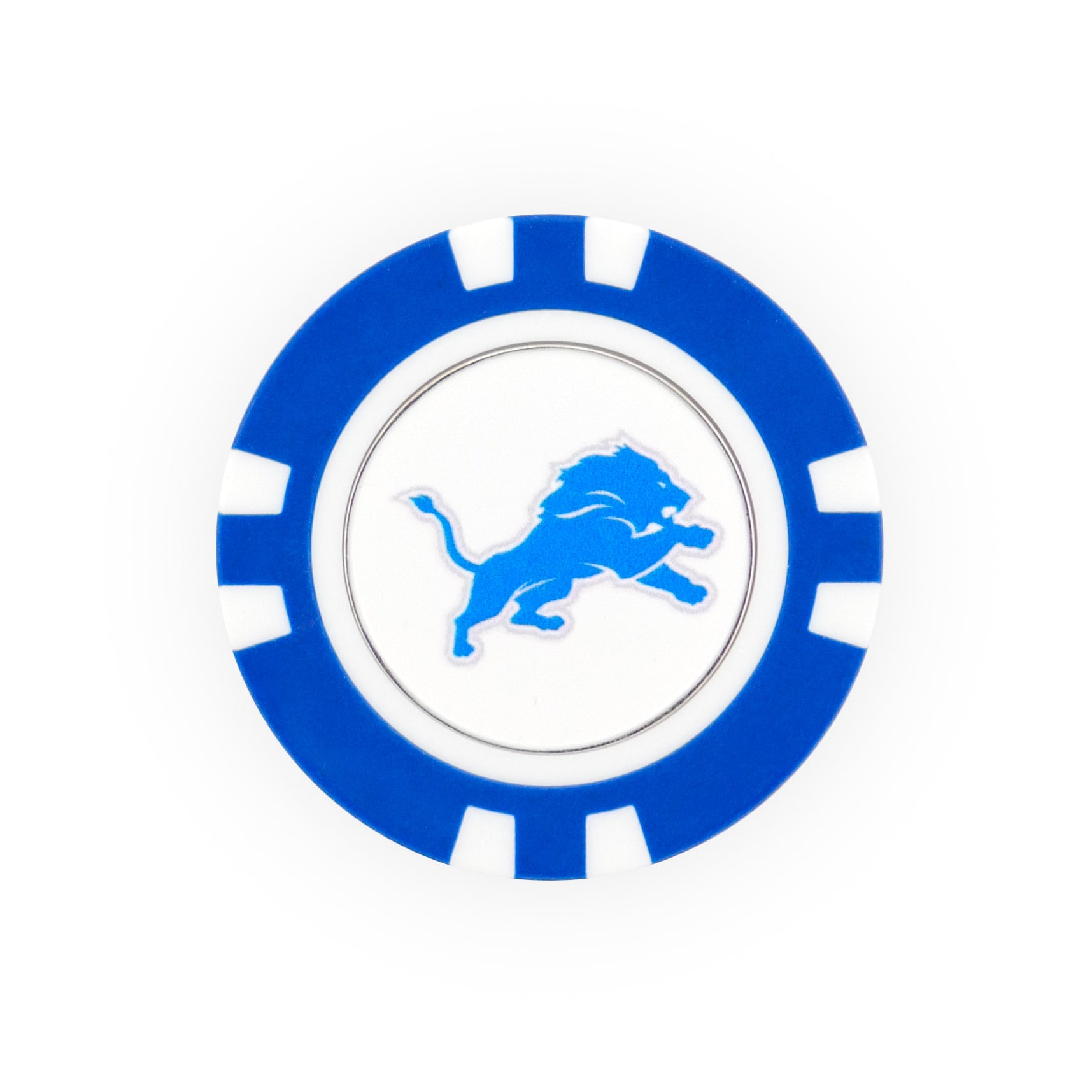 The NFL Team Ball Markers by NFL feature a blue and white poker chip design with a leaping lion logo centered on a white background.