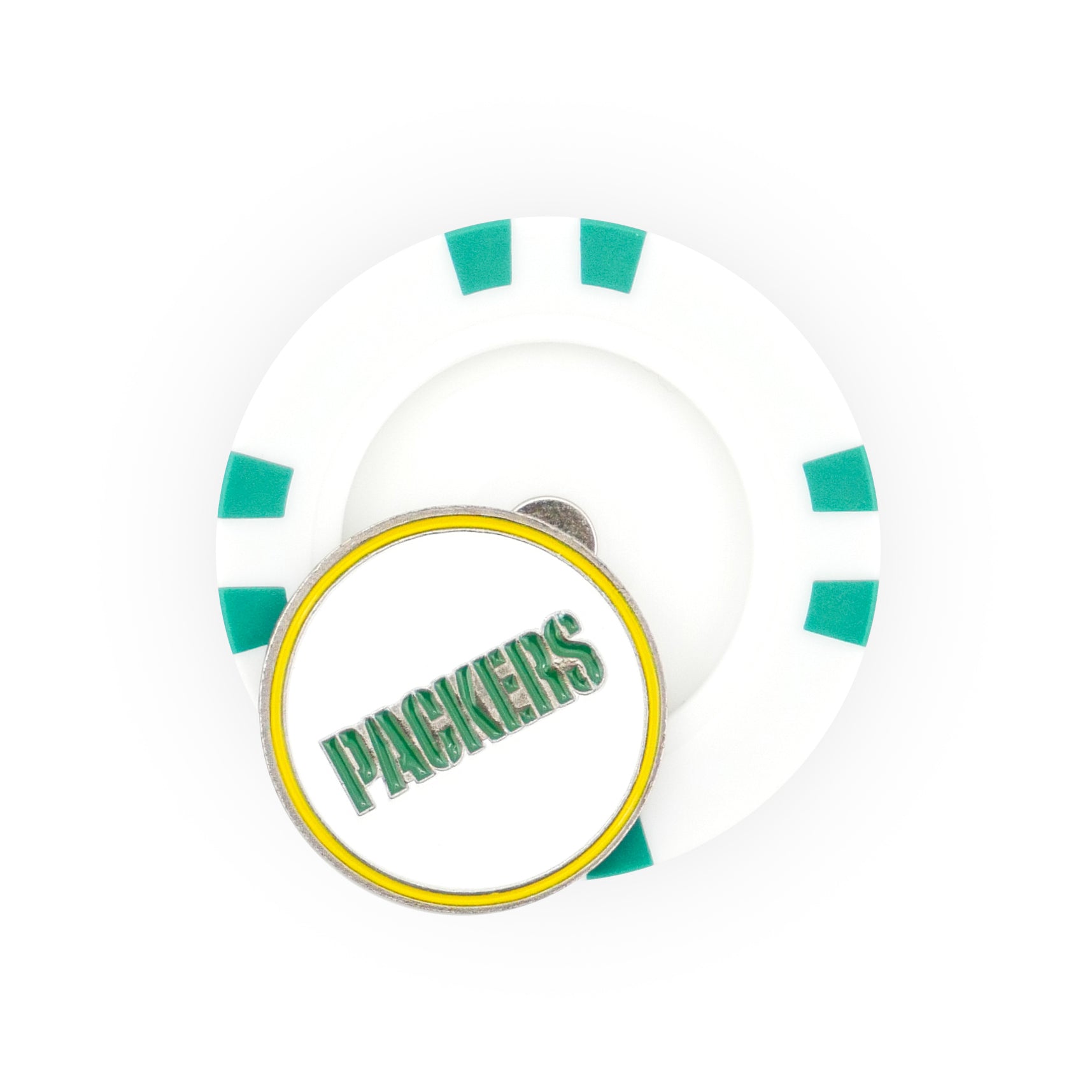 The NFL Team Ball Markers by NFL feature a white poker chip with green accents and a round coin on top with a yellow border and "PACKERS" in green uppercase letters—ideal for Packers fans seeking a stylish marker on the green.