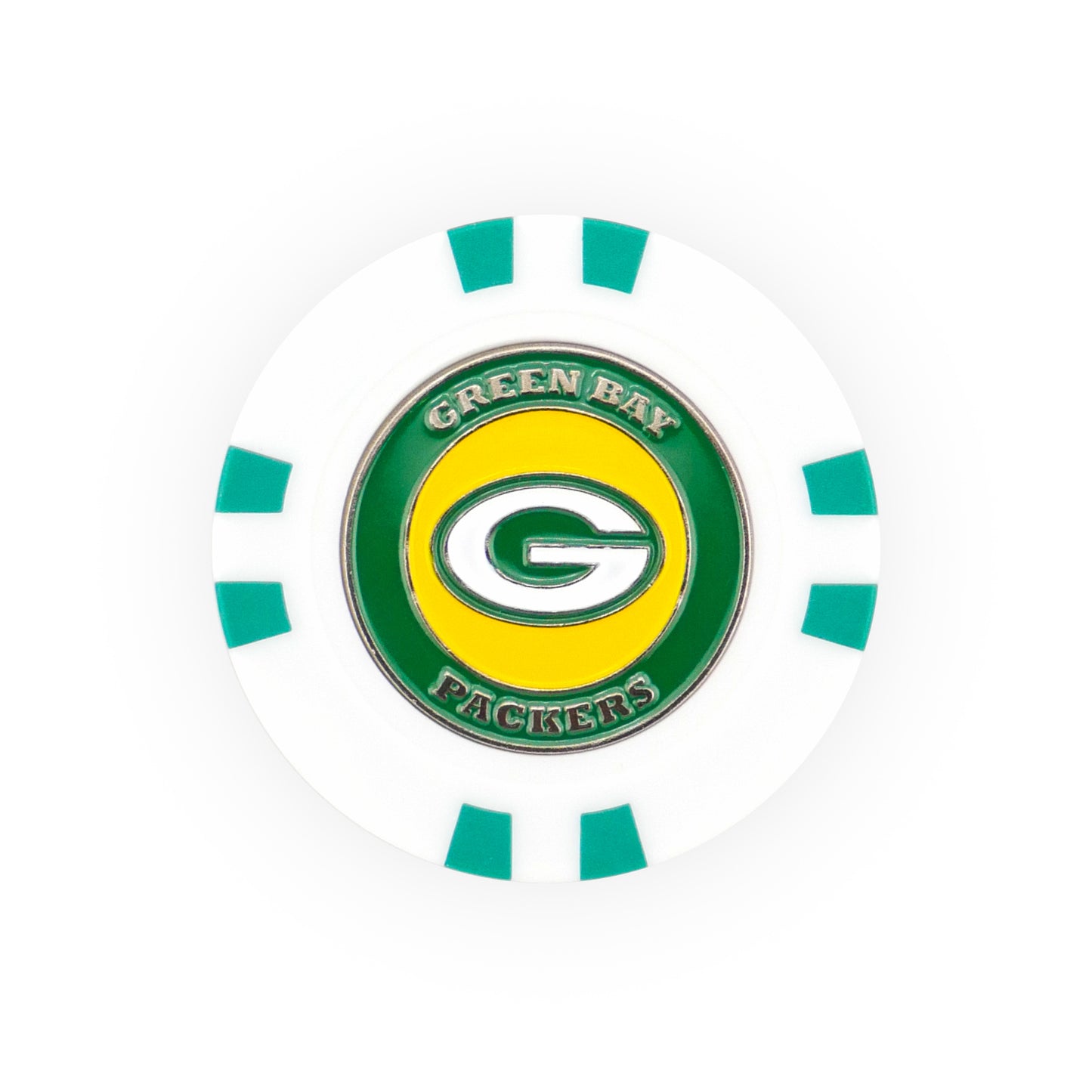 An NFL Team Ball Marker by NFL, this white poker chip ball marker features green accents and the Green Bay Packers logo with "Green Bay Packers" in green and yellow at the center.