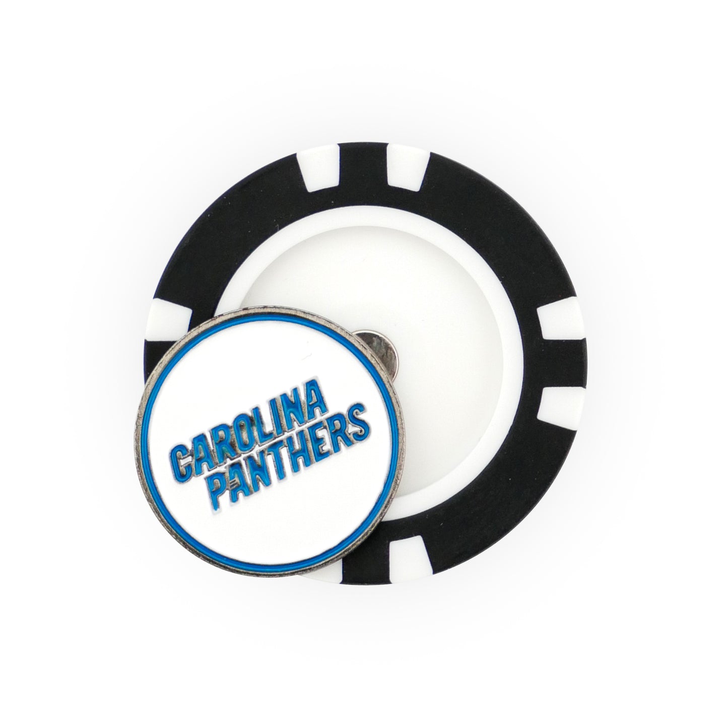The NFL Team Ball Marker by NFL is a black and white poker chip with a circular top featuring "CAROLINA PANTHERS" in blue capital letters.