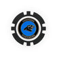The NFL Team Ball Markers by NFL feature a black and white poker chip design with the Carolina Panthers logo and text at the center, set against a blue background behind the panther head.