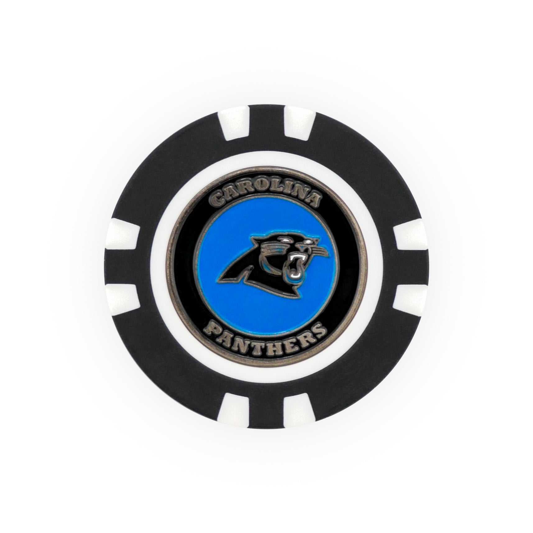 The NFL Team Ball Markers by NFL feature a black and white poker chip design with the Carolina Panthers logo and text at the center, set against a blue background behind the panther head.