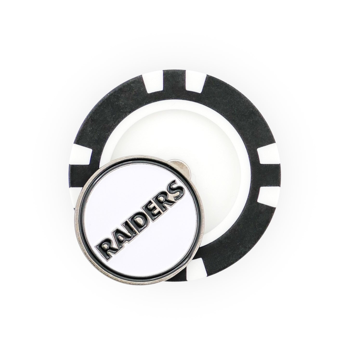 The NFL Team Ball Marker by NFL features a black and white poker chip design with a round, white marker on top displaying the word RAIDERS in bold black letters.