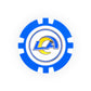 The NFL Team Ball Markers by NFL feature a blue and white poker chip design with the Los Angeles Rams logo—"LA" and a stylized yellow ram horn—in the center.