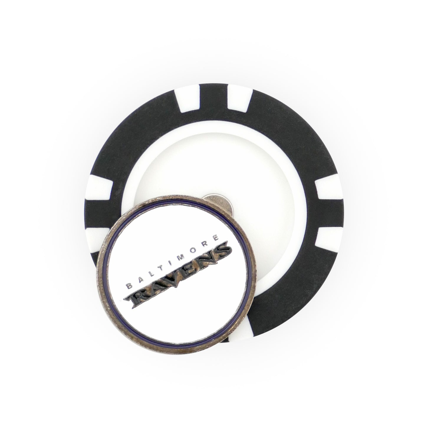 The NFL Team Ball Marker by NFL features a black and white poker chip design with a circular coin on top displaying the Baltimore Ravens logo and text.