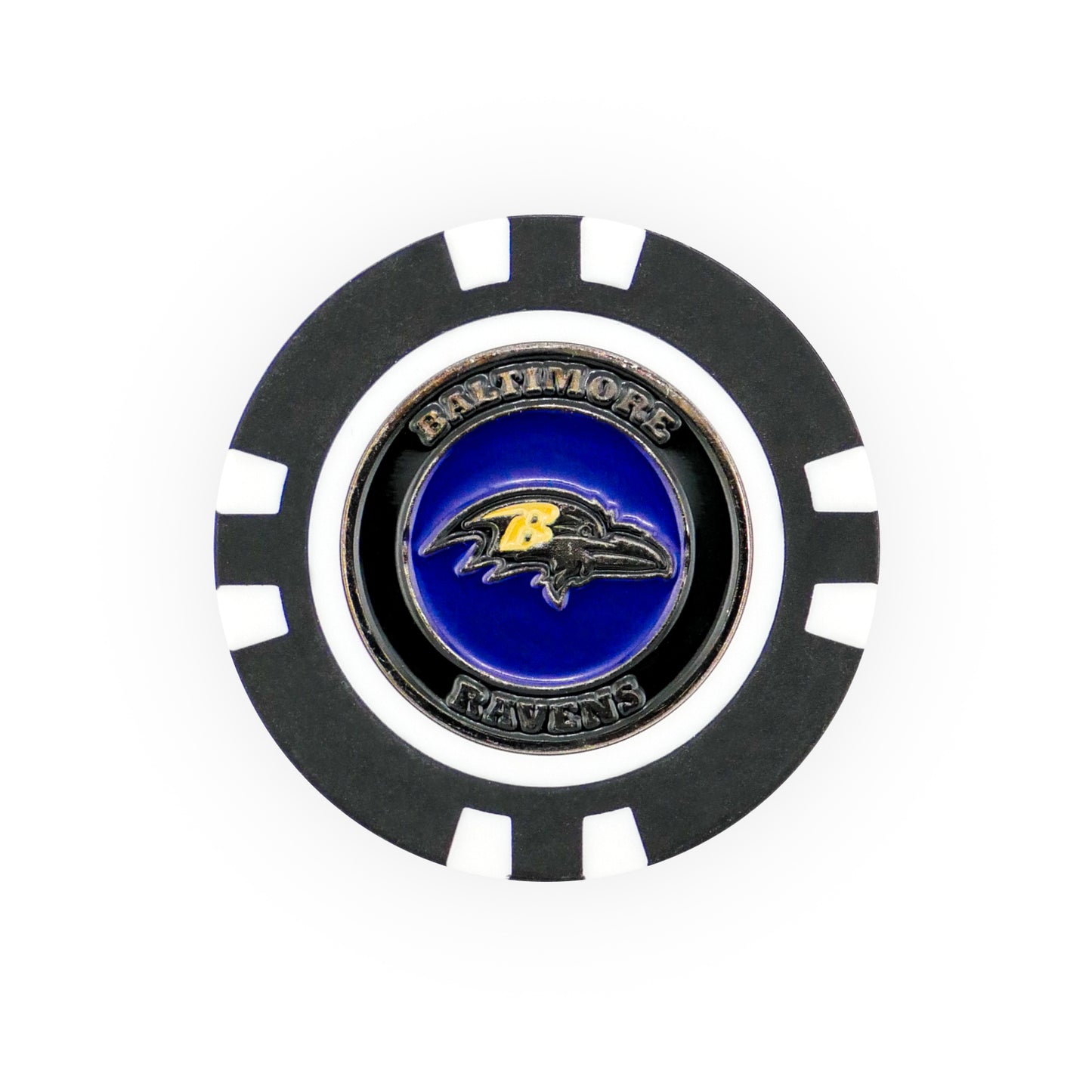 The NFL Team Ball Marker by NFL features the Baltimore Ravens logo and team name in silver on a blue background, set on a black and white poker chip design.