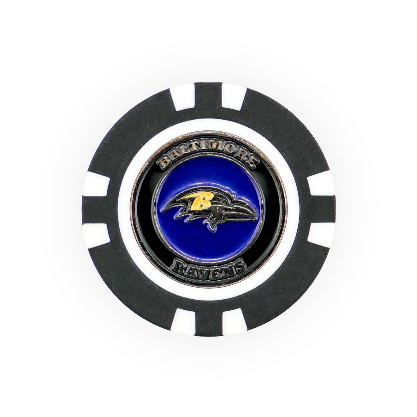 The NFL Team Ball Marker by NFL features the Baltimore Ravens logo and team name in silver on a blue background, set on a black and white poker chip design.