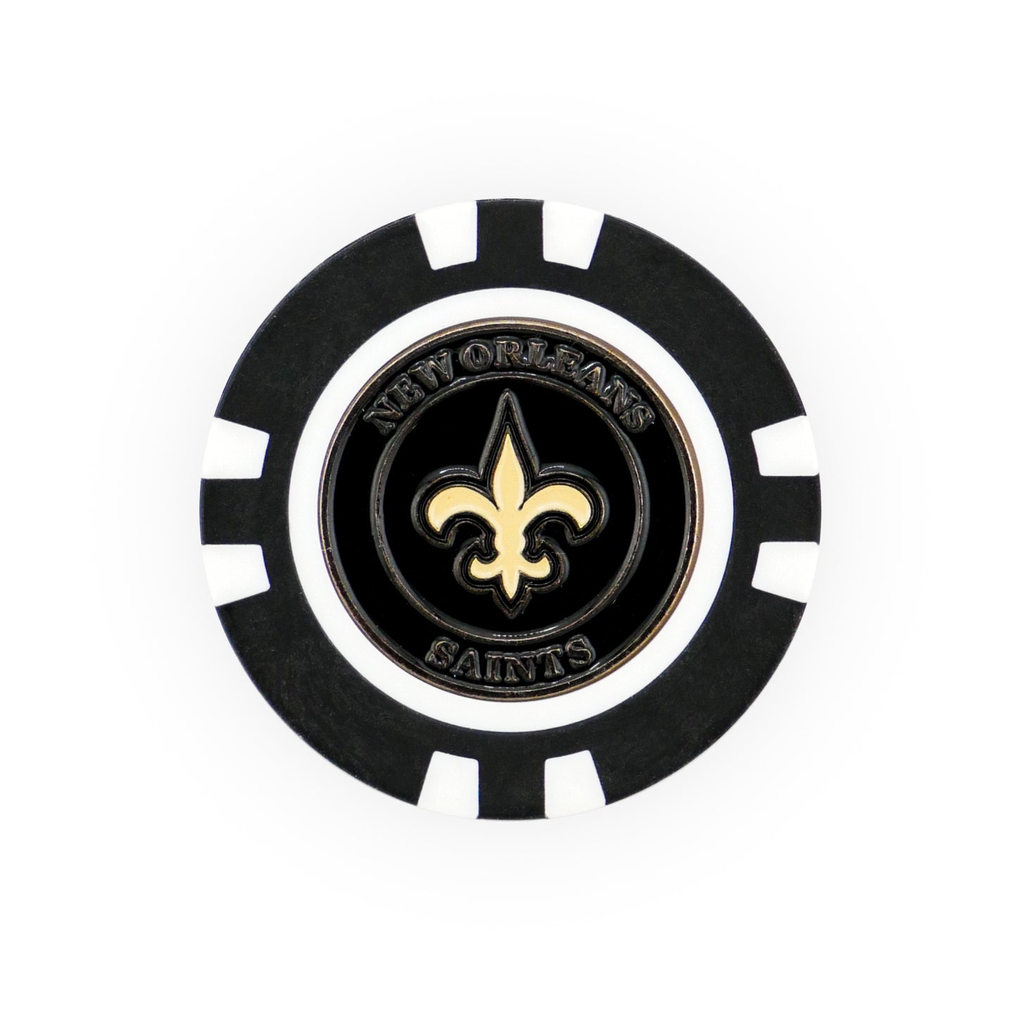 Show your team pride on the course with this NFL Team Ball Marker. Featuring a black and white poker chip design, it displays the New Orleans Saints gold fleur-de-lis logo and "NEW ORLEANS SAINTS" text. Officially licensed NFL gear.