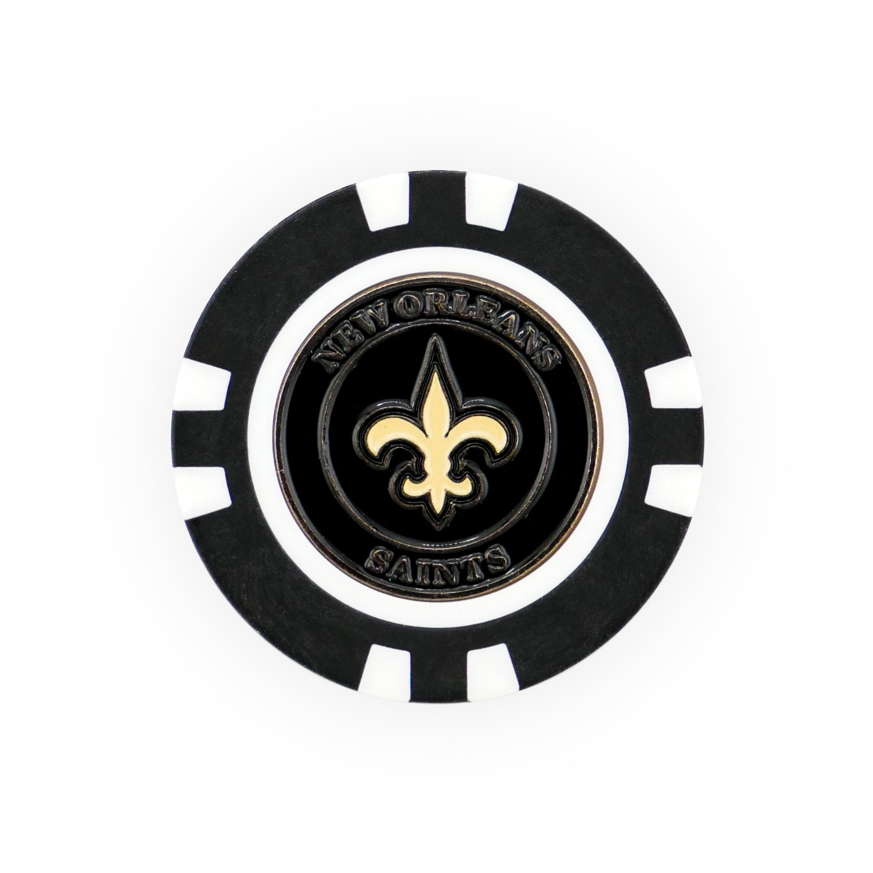 Show your team pride on the course with this NFL Team Ball Marker. Featuring a black and white poker chip design, it displays the New Orleans Saints gold fleur-de-lis logo and "NEW ORLEANS SAINTS" text. Officially licensed NFL gear.