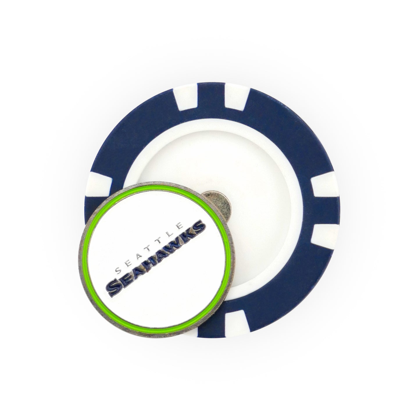 The NFL Team Ball Markers by NFL feature a round, blue-and-white poker chip marker paired with a smaller circular piece displaying the Seattle Seahawks logo and text outlined in green, all shown on a clean white background.