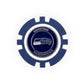 The NFL Team Ball Marker by NFL is a blue and white poker chip featuring the Seattle Seahawks logo and "SEAHAWKS" on the top and bottom around the logo.