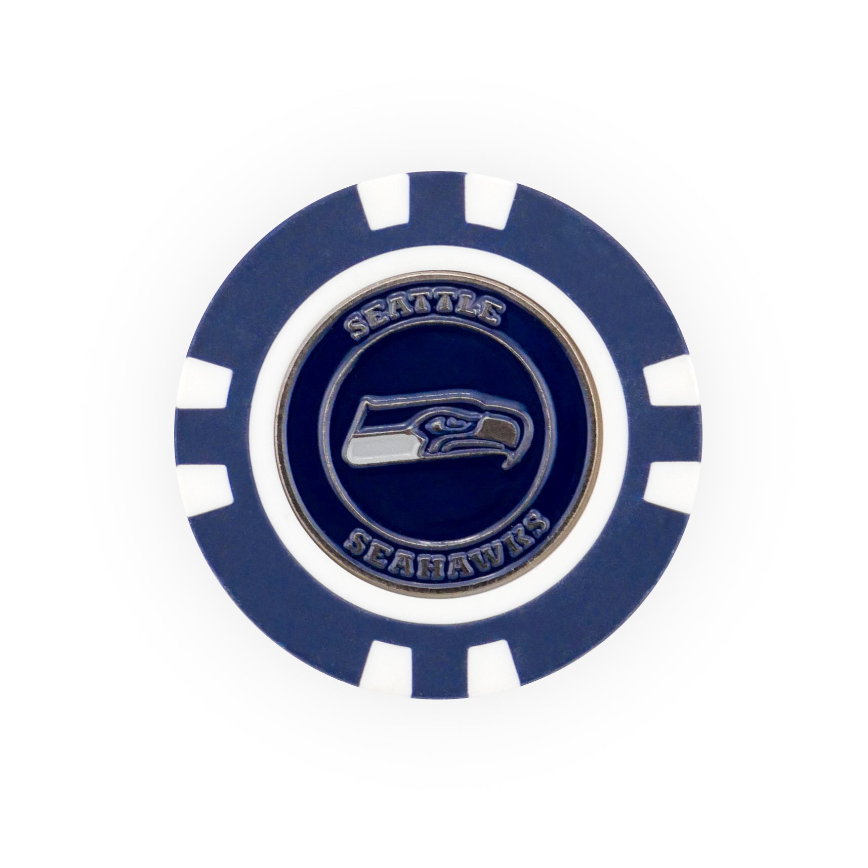 The NFL Team Ball Marker by NFL is a blue and white poker chip featuring the Seattle Seahawks logo and "SEAHAWKS" on the top and bottom around the logo.