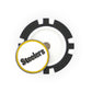 The NFL Team Ball Markers by NFL feature a black and white poker chip design with a circular token on top, accented with a yellow border and “Steelers” boldly written.
