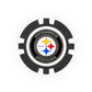 NFL Team Ball Markers by NFL: Black and white poker chip-style ball marker with the Pittsburgh Steelers logo and name centered, three diamonds (yellow, red, blue), and "Steelers" inside a metallic ring.