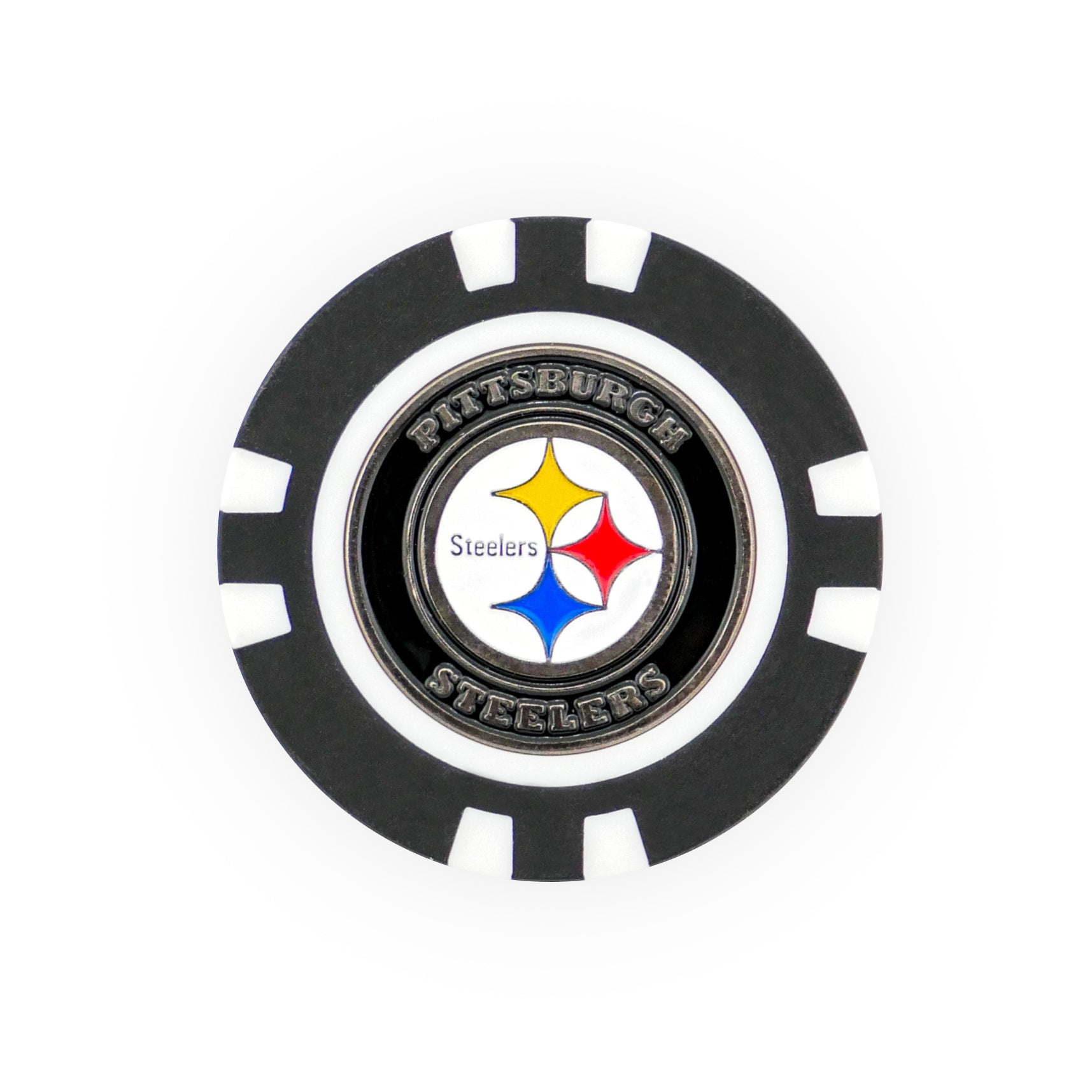 NFL Team Ball Markers by NFL: Black and white poker chip-style ball marker with the Pittsburgh Steelers logo and name centered, three diamonds (yellow, red, blue), and "Steelers" inside a metallic ring.