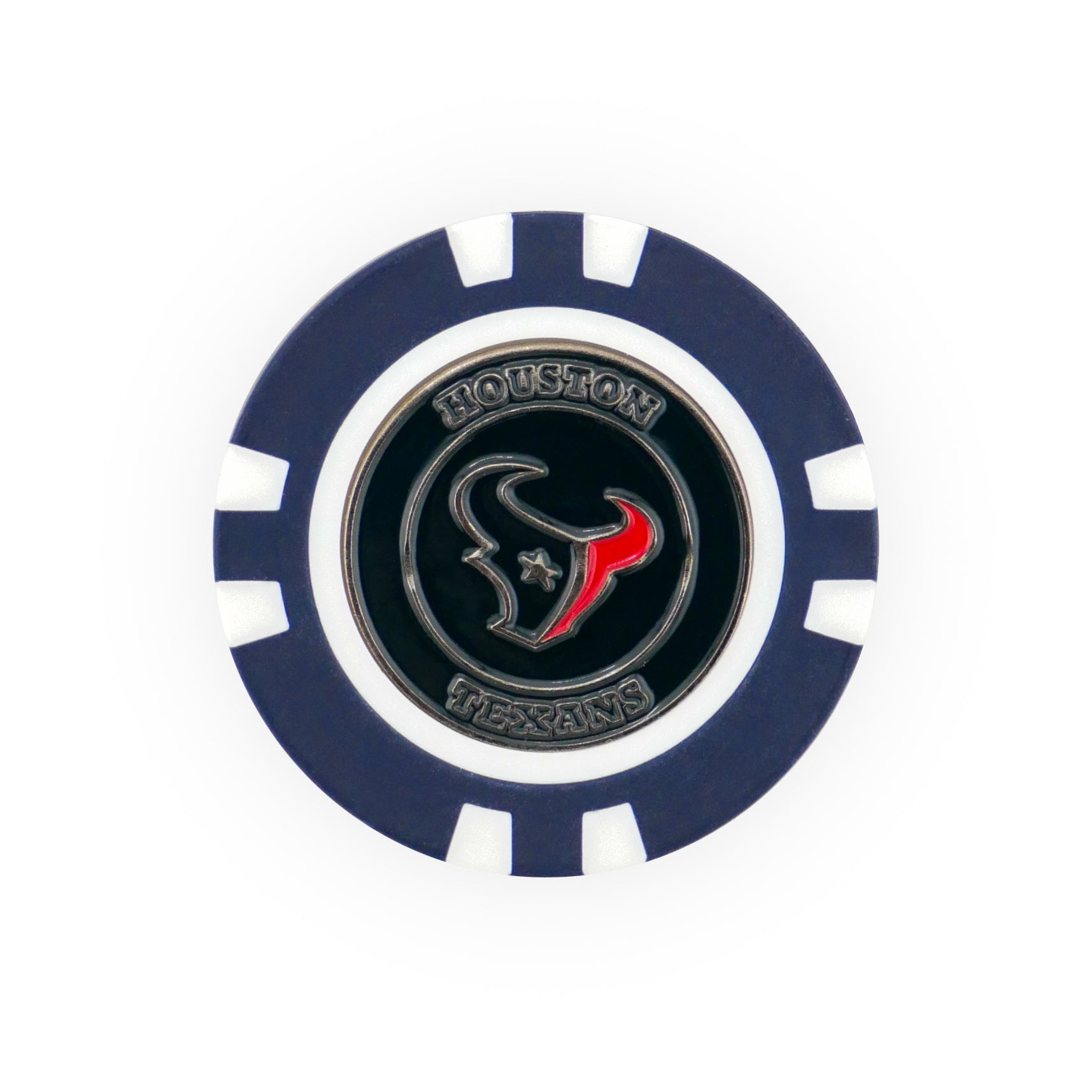 The NFL Team Ball Marker by NFL is a black and white poker chip featuring the Houston Texans logo and text, with their bull head emblem in red, white, and blue at the center.
