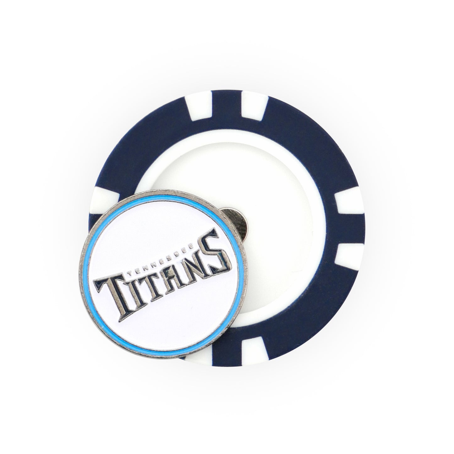The NFL Team Ball Markers by NFL feature a blue and white poker chip-style ball marker with a round pin displaying the Tennessee Titans logo and text on a white background.