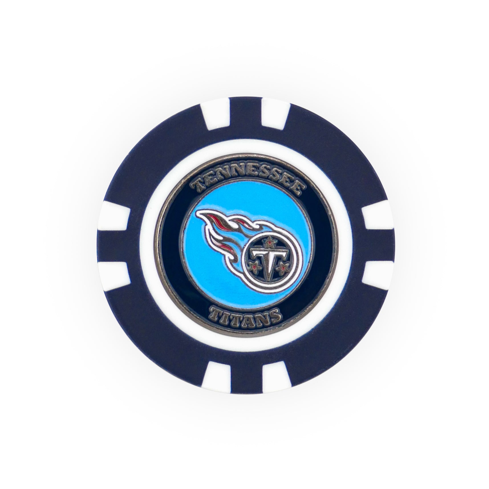 The NFL Team Ball Marker by NFL features a navy and white poker chip design with the Tennessee Titans logo in the center and "Tennessee Titans" written around it on a blue background.