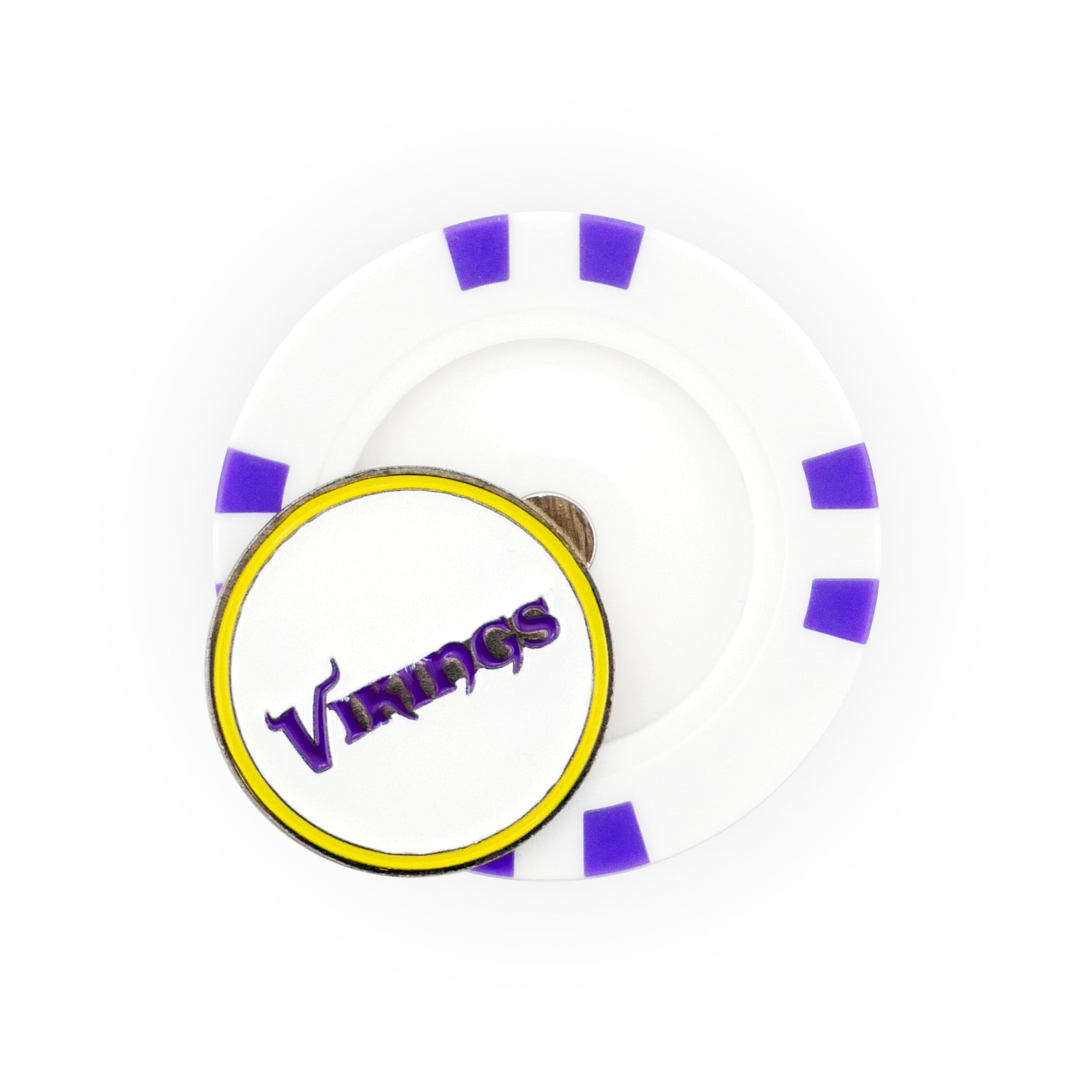 An NFL Team Ball Marker by NFL features a white poker chip with purple accents, partly covered by a round token displaying "Vikings" in purple text outlined in yellow.