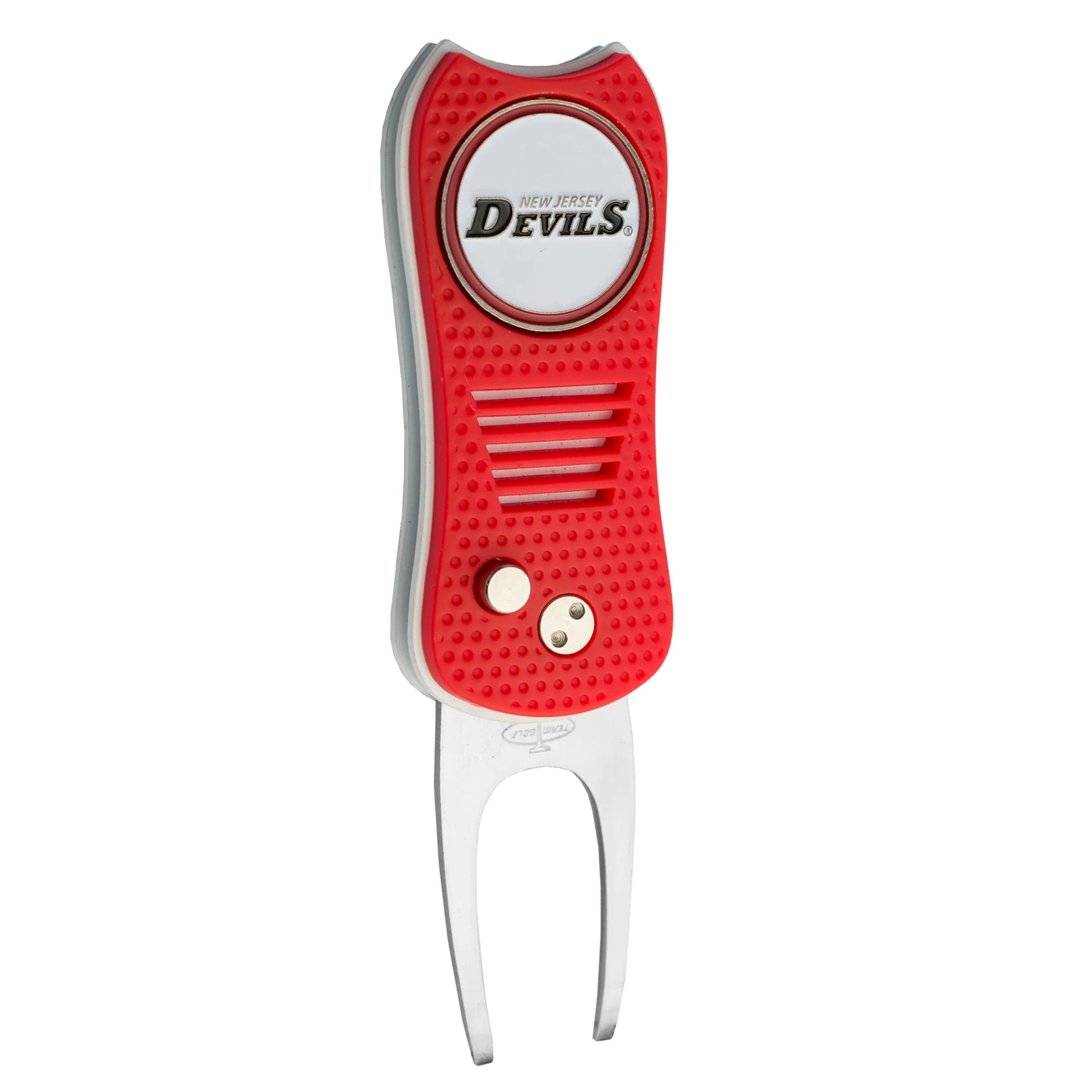 The Ballmarkers.com NHL Switchfix Divot Tool with Ball Marker is red and silver, features the New Jersey Devils logo on a circular white top, has a textured grip, two silver buttons, and a magnetic ball marker in its switchblade mechanism.