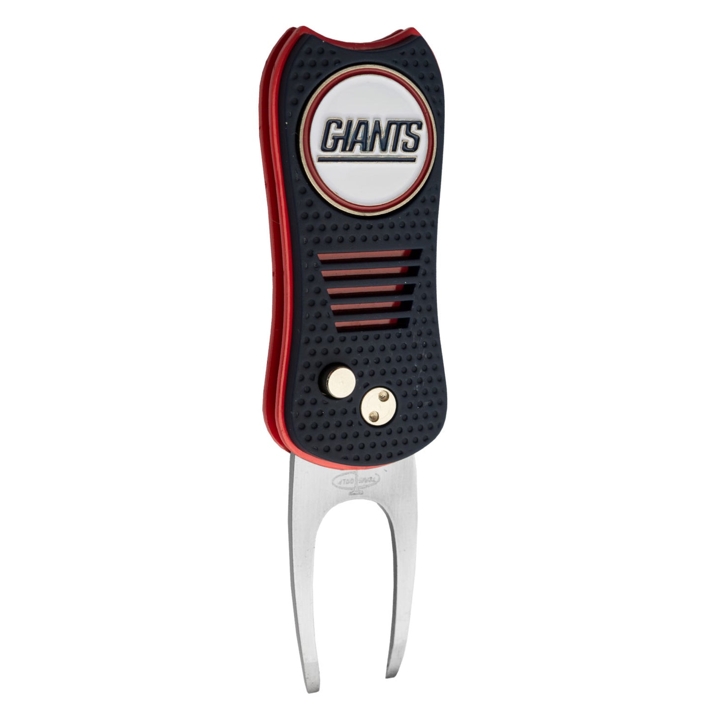 The NFL Switchfix Divot Tool with Ball Marker by NFL features a black and red design, textured grip, circular Giants logo at the top, metal prongs, and a convenient magnetic ball marker.