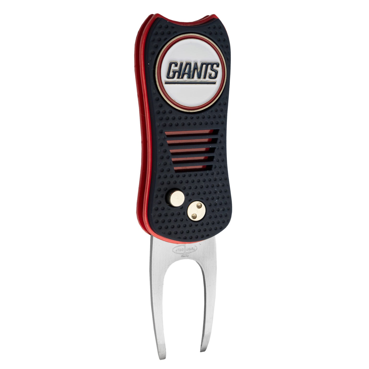 The NFL Switchfix Divot Tool with Ball Marker by NFL features a black and red design, textured grip, circular Giants logo at the top, metal prongs, and a convenient magnetic ball marker.