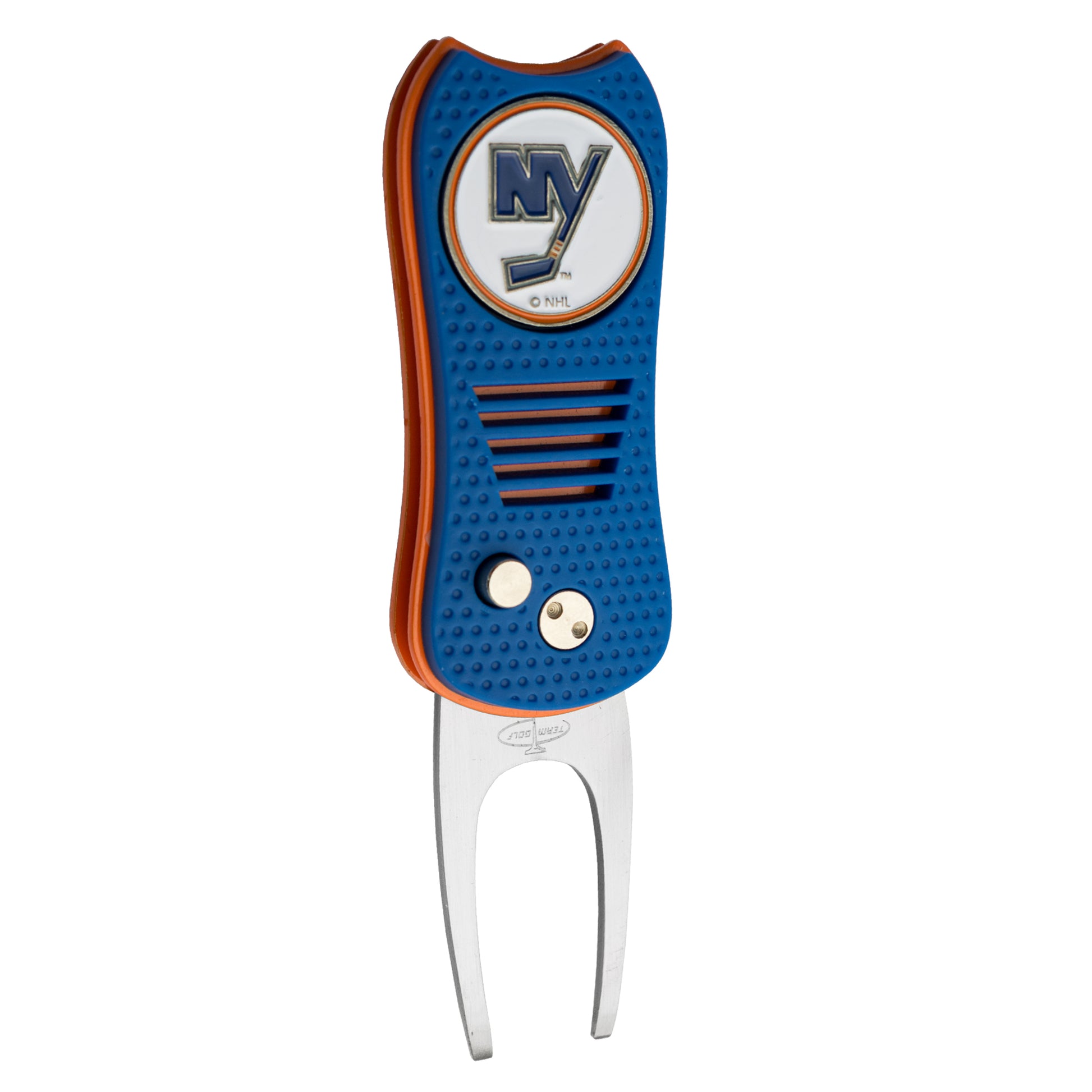 The Ballmarkers.com NHL Switchfix Divot Tool with Ball Marker features the New York Islanders logo, a blue and orange design, switchblade mechanism, textured grip, and two durable metal prongs for greens repair.