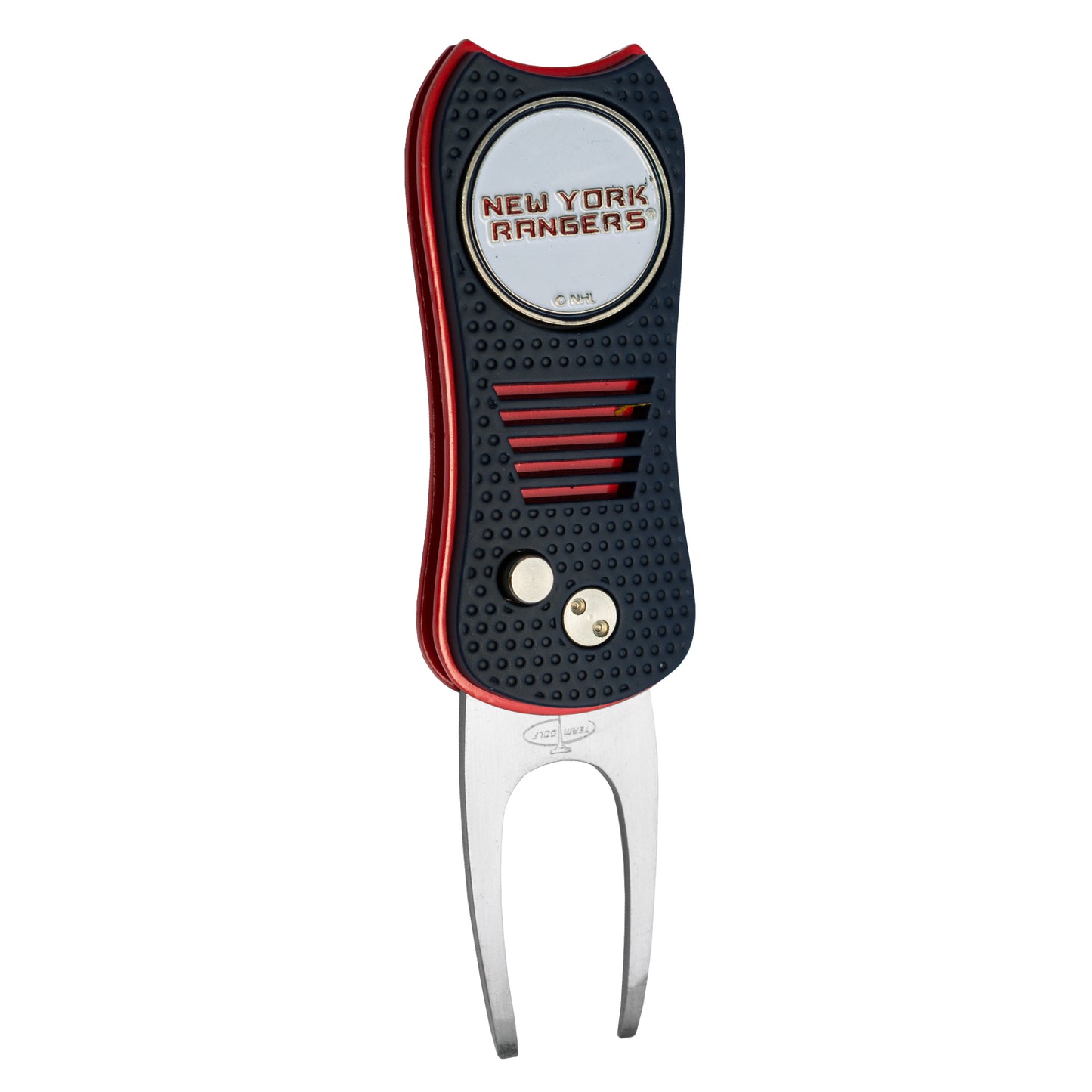 The Ballmarkers.com NHL Switchfix Divot Tool with Ball Marker features a navy and red handle, the New York Rangers logo at the top, two metal prongs, and a convenient switchblade mechanism for easy use.