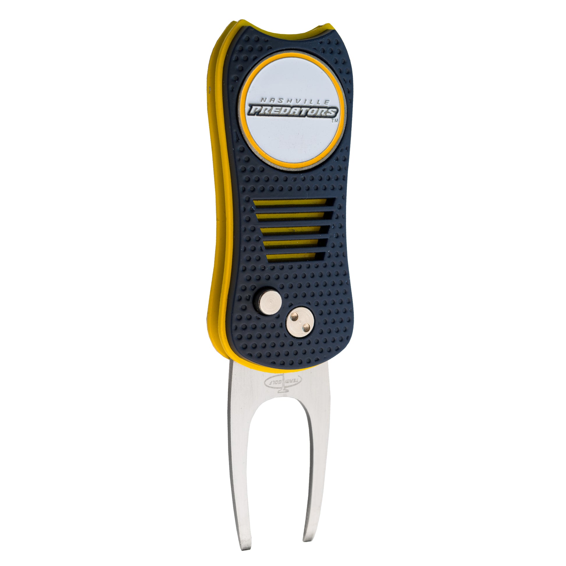 The Ballmarkers.com NHL Switchfix Divot Tool with Ball Marker features a black and yellow grip, a Nashville Predators logo on top, and a handy switchblade mechanism for easy use on the course.