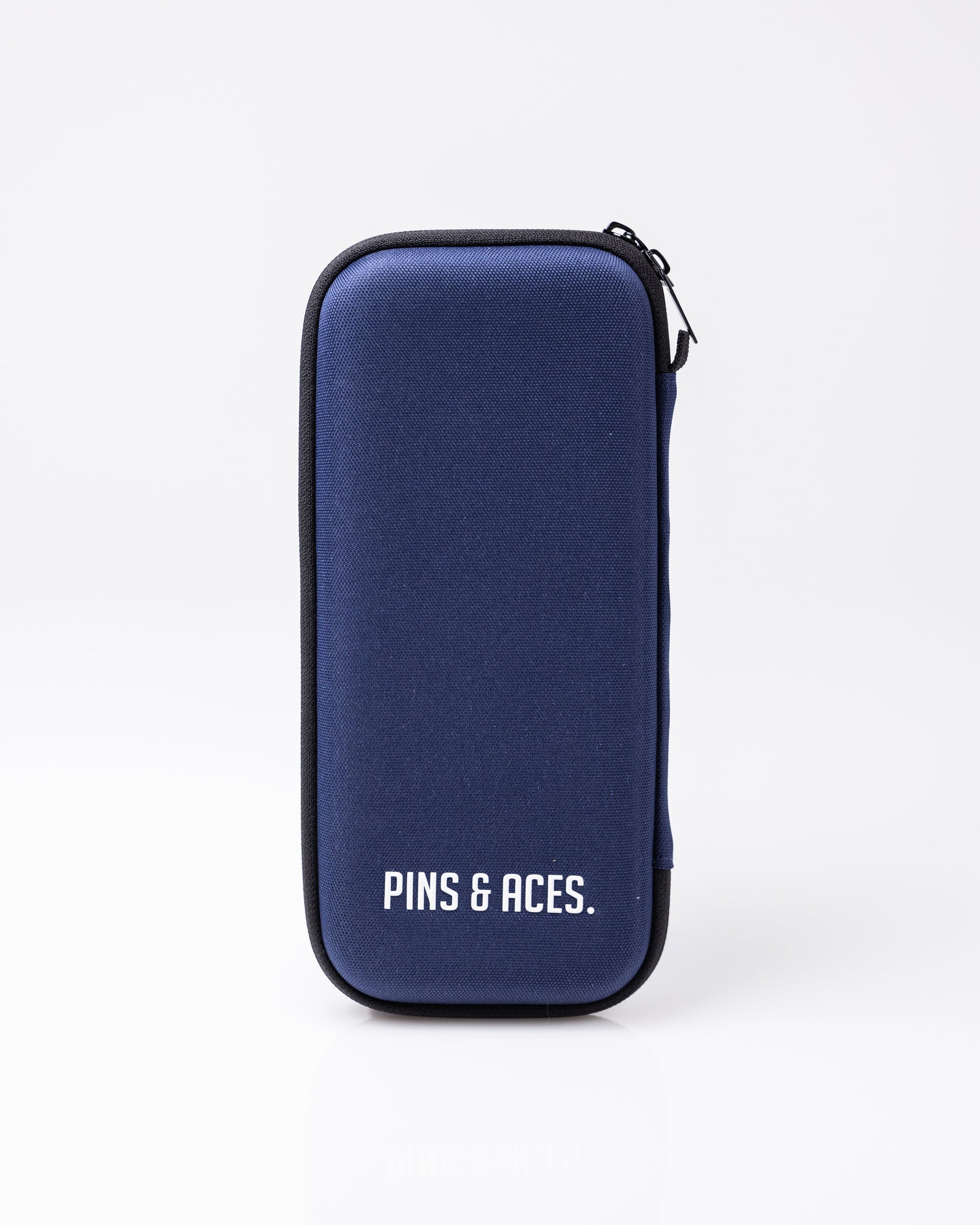 The Pins and Aces Glove & Accessory Caddie in navy stands upright on a white background, featuring white "PINS & ACES." lettering on the front.