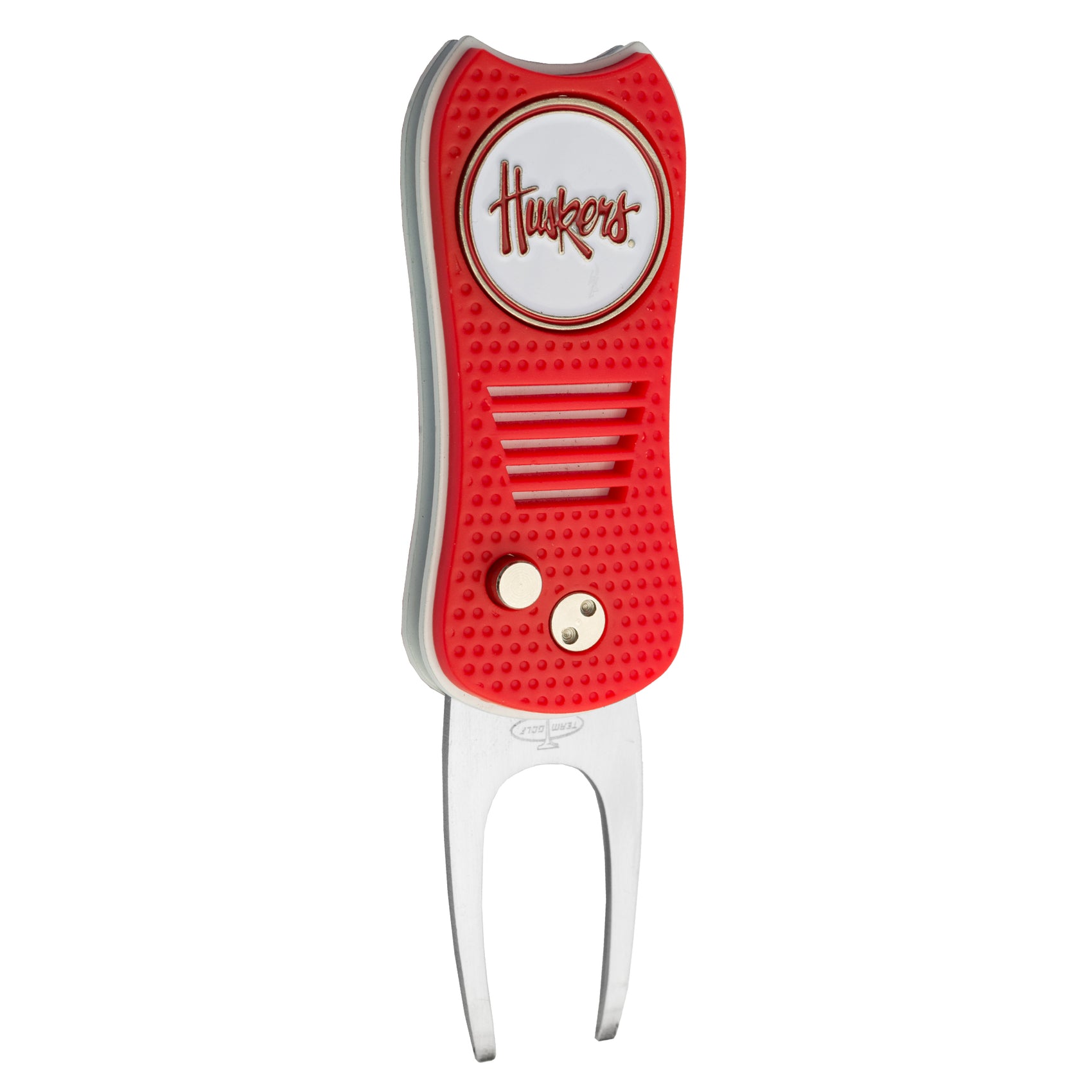 The ACC College Switchfix Divot Tool with Ball Marker by Switchfix features a red and silver finish, textured grip, magnetic ball marker, and "Huskers" script on a white circular emblem at the top.