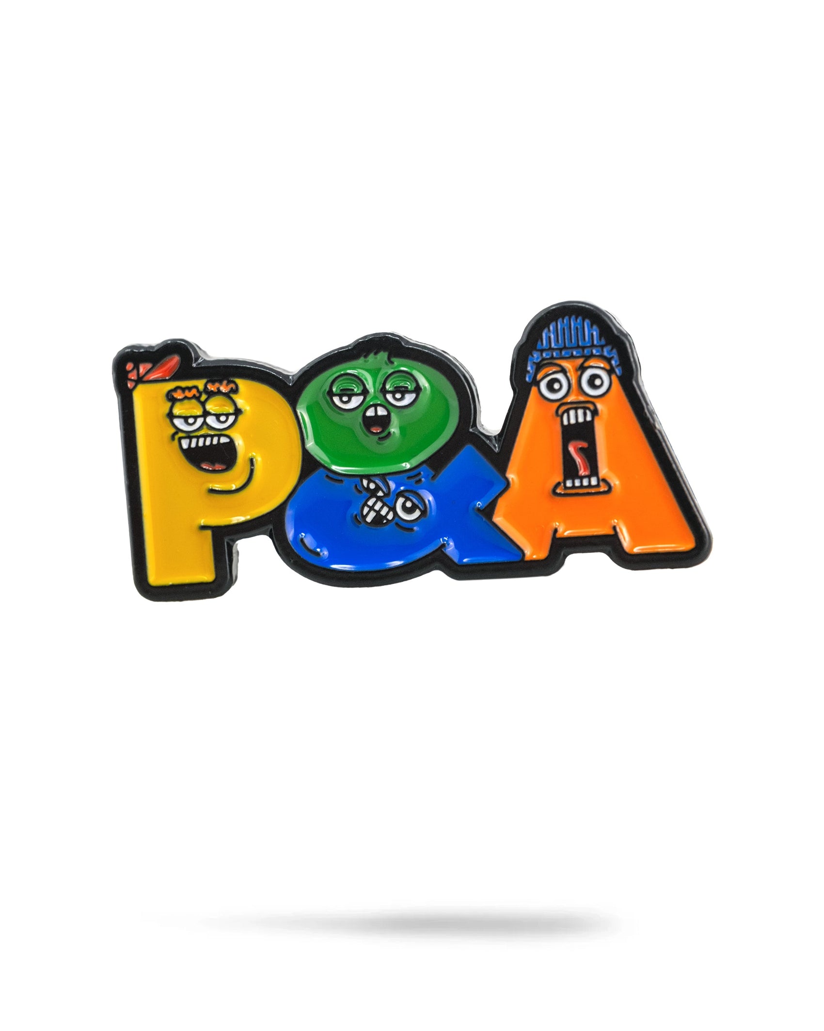The P&A Buddies Ball Marker by Pins and Aces features colorful, cartoon-style PQA letters with animated faces on each letter, set against a white background with a subtle shadow below—each letter looks as if crafted from enamel paint.