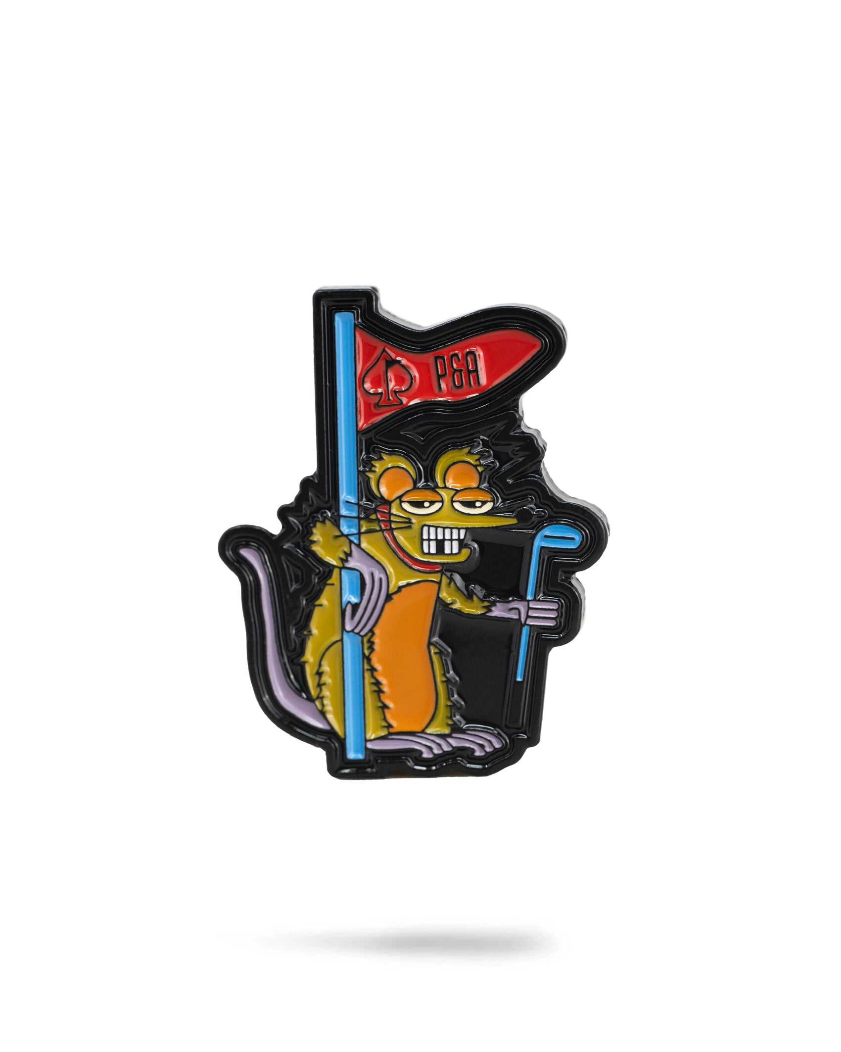 The Range Rat Ball Marker by Pins and Aces features a vibrant cartoon rat with a mischievous grin, holding a golf club and standing by a PGA flag—perfect for adding fun to your golf gear or using as an enamel paint design.