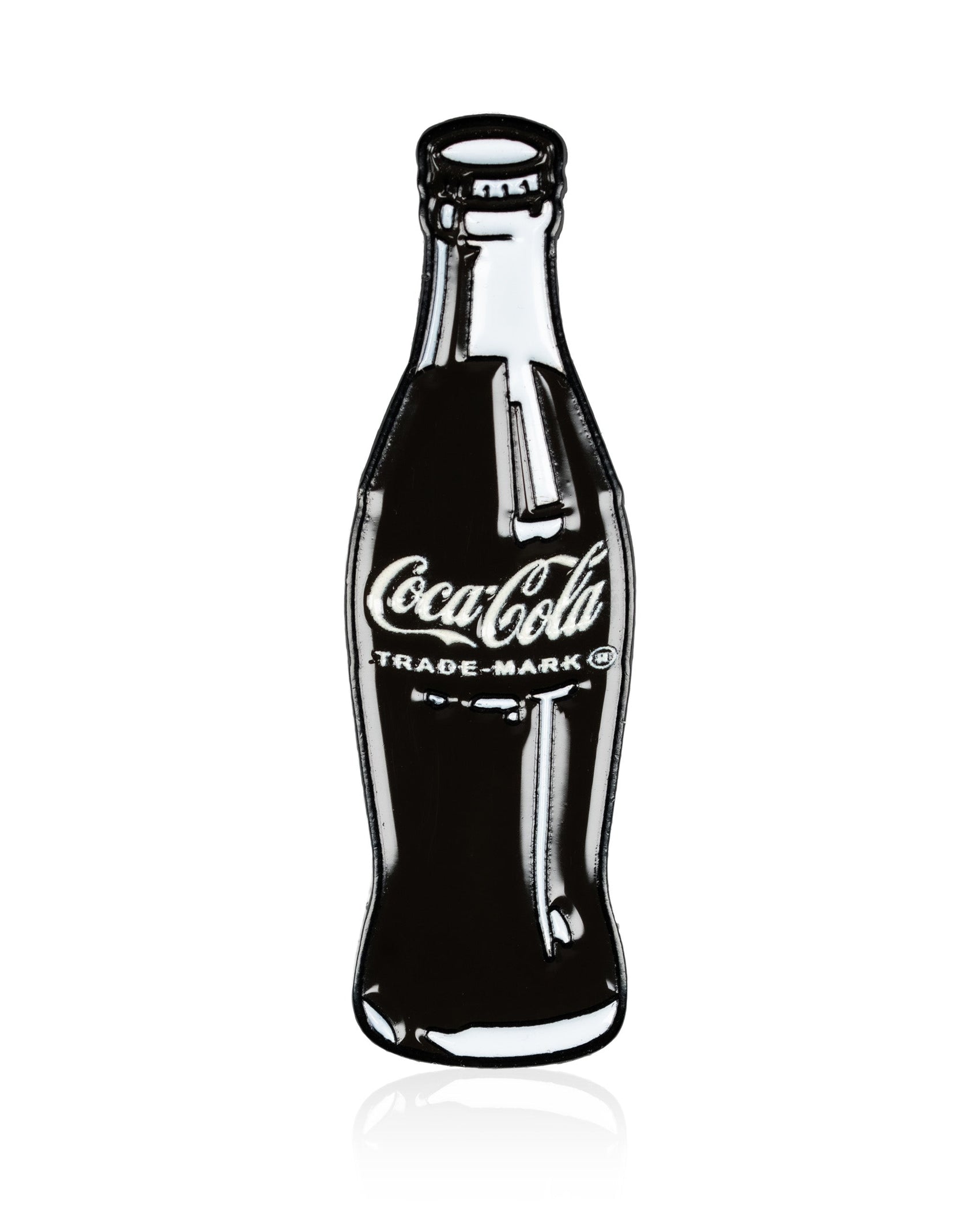 The Pins and Aces Coca-Cola Bottle - Ball Marker features a classic glass Coke bottle design with logo and TRADE-MARK text, shown on a white background alongside a stainless steel golf ball marker.