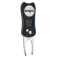 The NFL Switchfix Divot Tool with Ball Marker by NFL features a black textured grip, two metal prongs, and a magnetic ball marker secured near the base—perfect for New England Patriots fans.