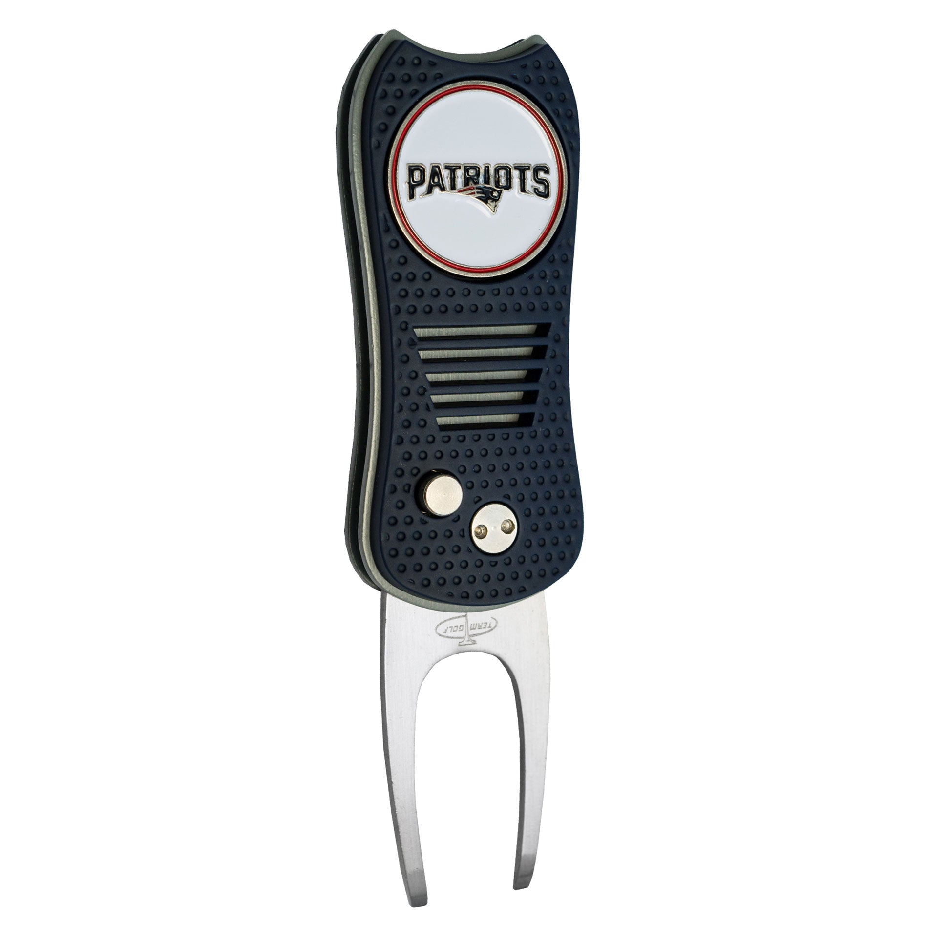 The NFL Switchfix Divot Tool with Ball Marker by NFL features a black textured grip, two metal prongs, and a magnetic ball marker secured near the base—perfect for New England Patriots fans.