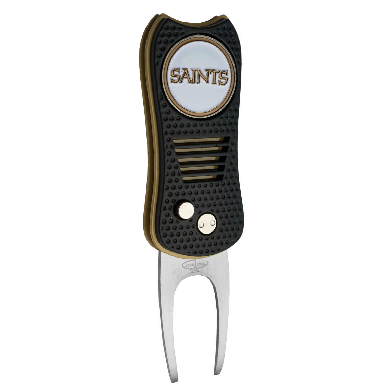 The NFL Switchfix Divot Tool with Ball Marker by NFL features a black and gold design, textured grip, magnetic ball marker, and "SAINTS" in gold letters on a white circle at the top.
