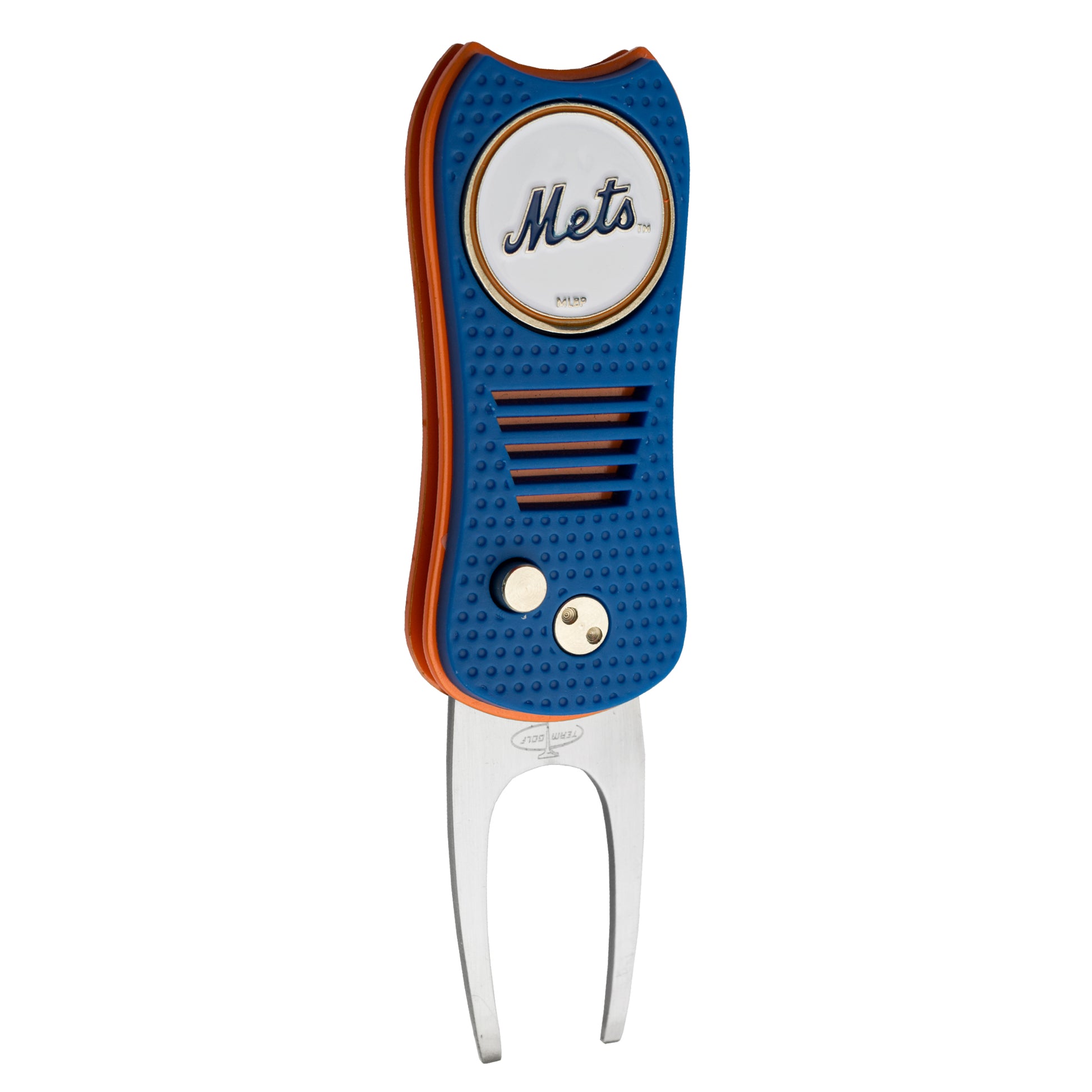 The MLB Switchfix Divot Tool with Ball Marker features a New York Mets logo, blue and orange design, textured grip, two metal prongs, and magnetic ball marker—perfect for Mets fans to show team pride on the course.