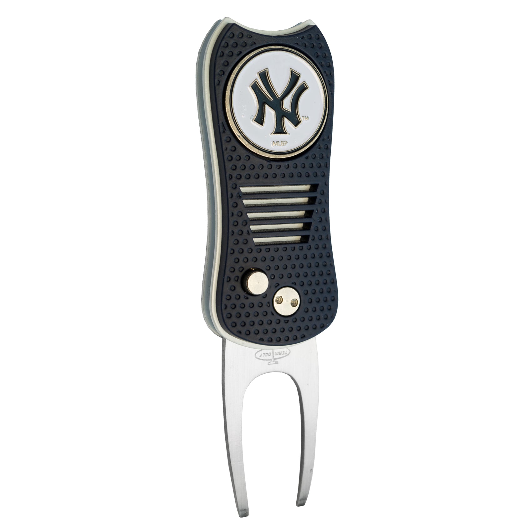 The MLB Switchfix Divot Tool with Ball Marker features a black and silver design, textured grip, magnetic ball marker, and New York Yankees logo—perfect for fans of the MLB team.