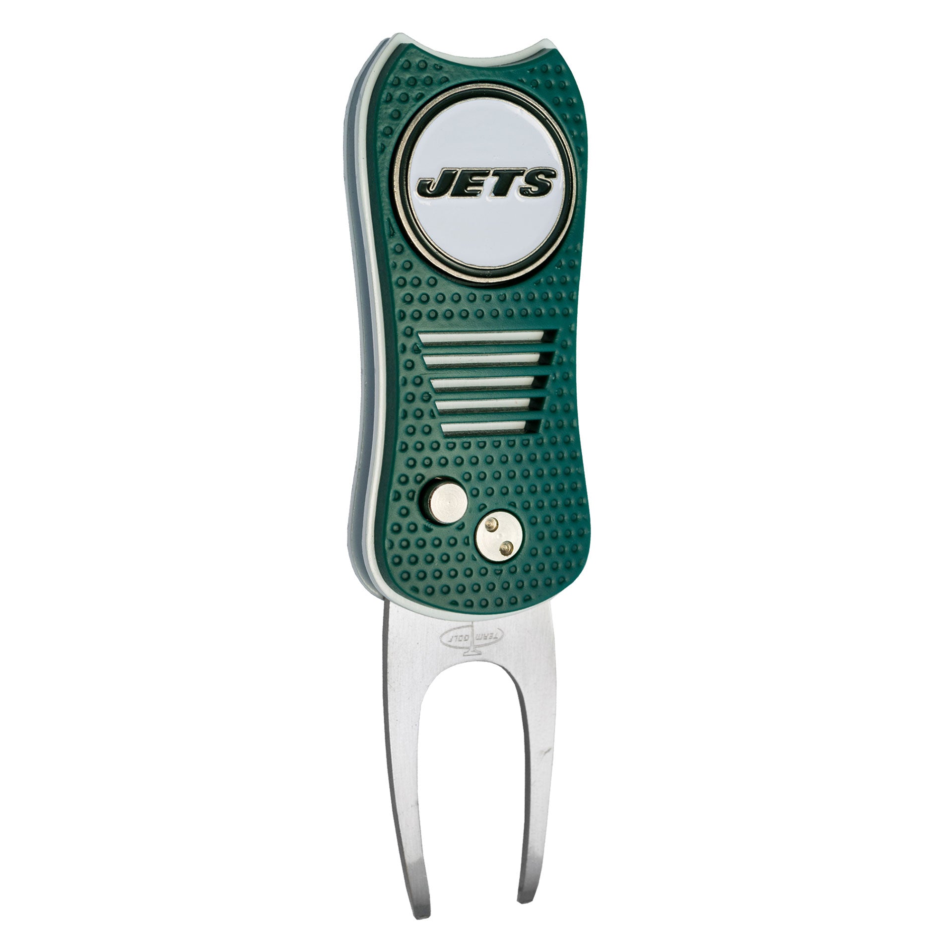The NFL Switchfix Divot Tool with Ball Marker features a green and silver design, New York Jets logo on the handle, textured grip, two buttons above the prongs, and a magnetic ball marker. Brand: NFL.