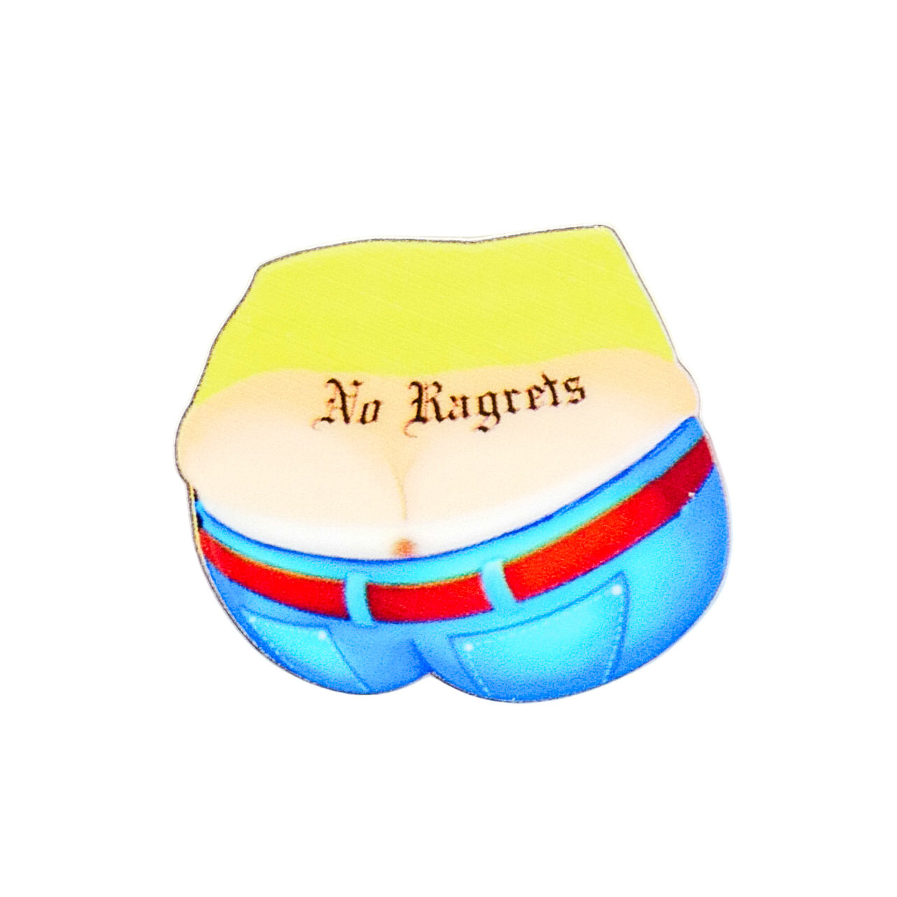 Cartoon of lower back and buttocks in blue jeans and yellow shirt with a “No Ragrets” tattoo—Logie Joe’s Golf’s No Ragrets is a funny, premium golf accessory for those who love humor on the green.