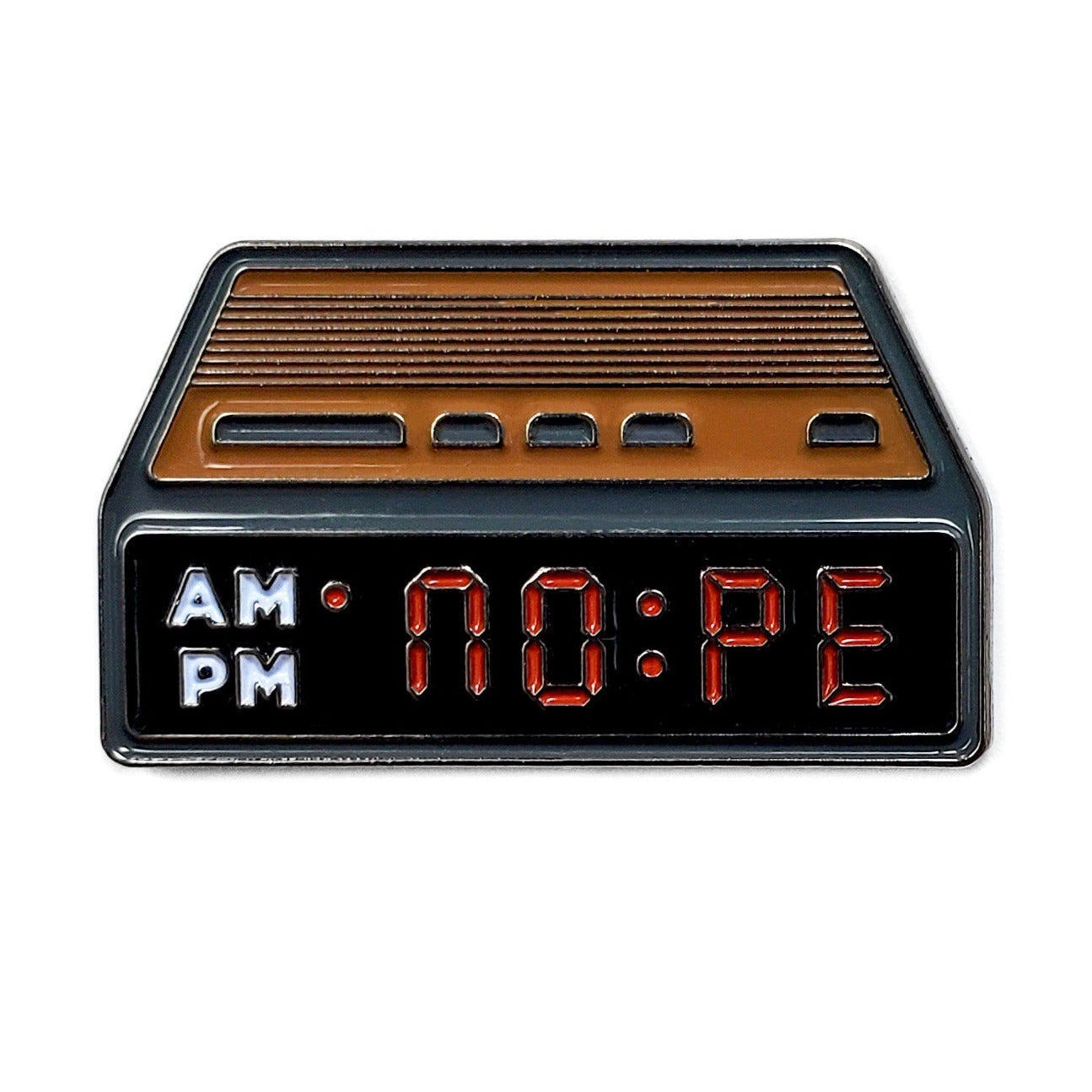 The Kolorspun Nope Alarm Clock Golf Ball Marker features “AM PM NO:PE” in red, with brown and black details—a fun, retro golf accessory and unique custom gift for any golfer.