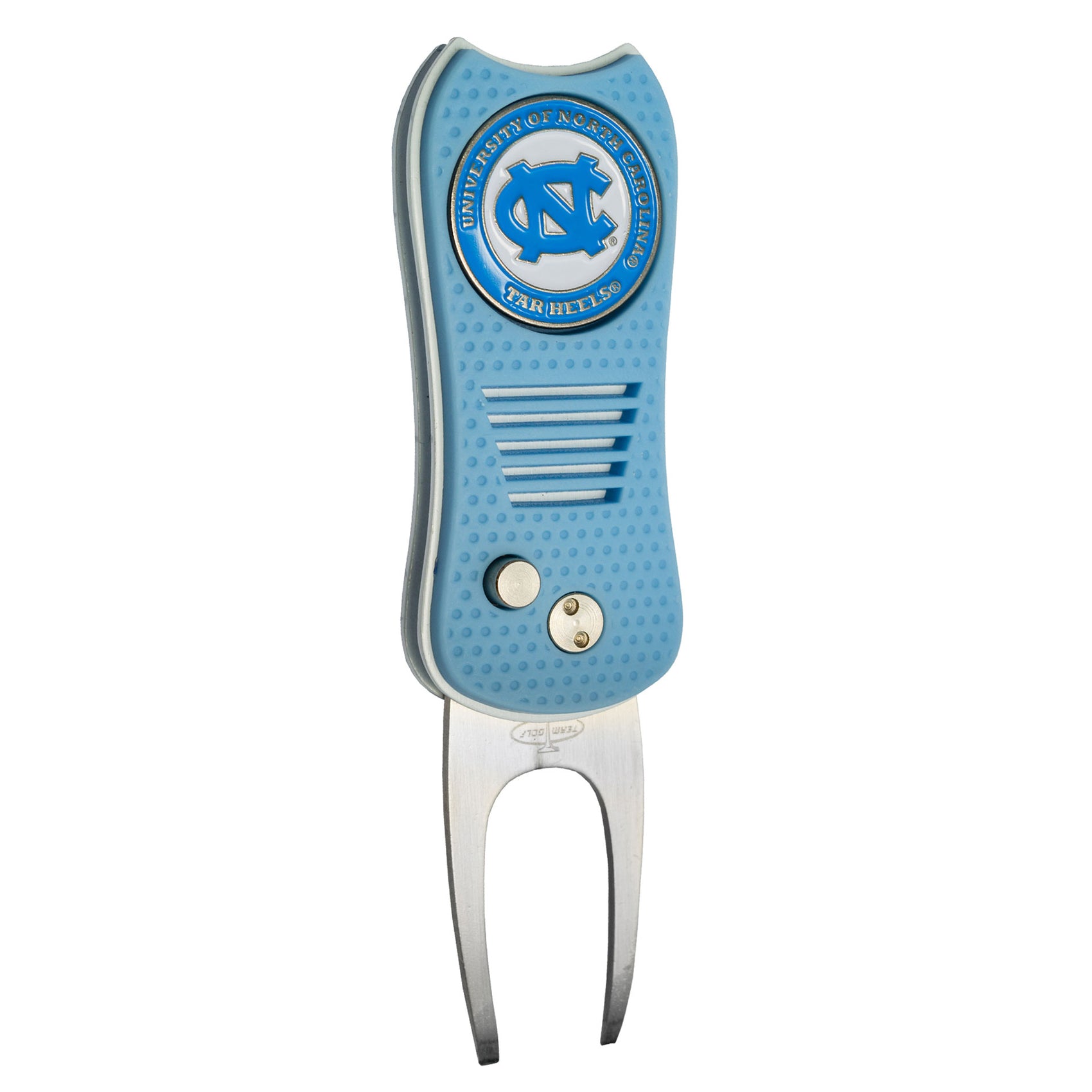The Switchfix ACC College Switchfix Divot Tool with Ball Marker features a light blue and gray design, University of North Carolina Tar Heels logo, textured grip, switchblade mechanism, two metal prongs, and a convenient magnetic ball marker.