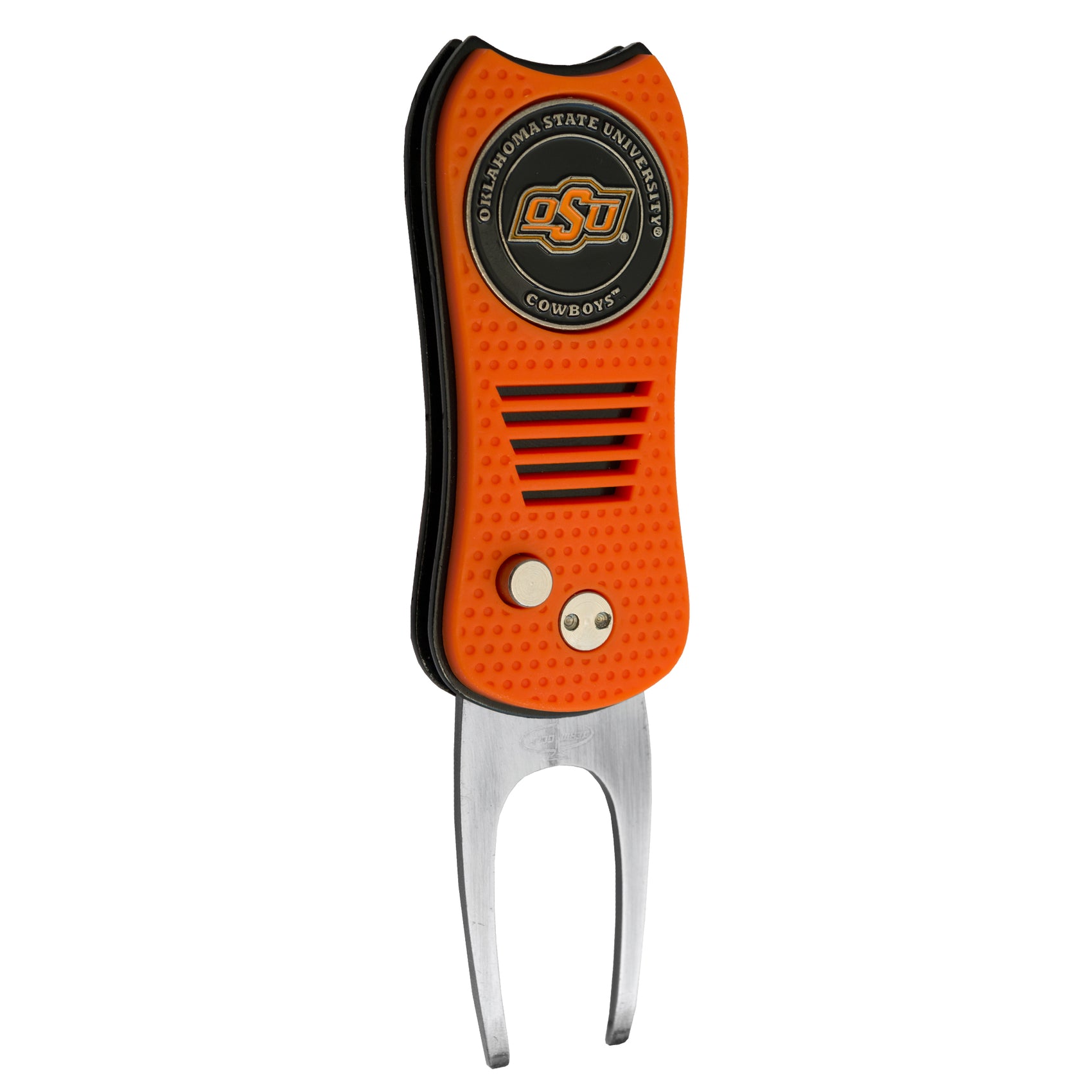The orange Switchfix ACC College Switchfix Divot Tool with Ball Marker features a textured grip, two metal prongs, a switchblade mechanism for easy use, and the Oklahoma State University logo on top.