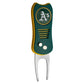 The MLB Switchfix Divot Tool with Ball Marker features a green and yellow design, an Oakland A’s logo, textured grip, two metal prongs, and a convenient magnetic ball marker.