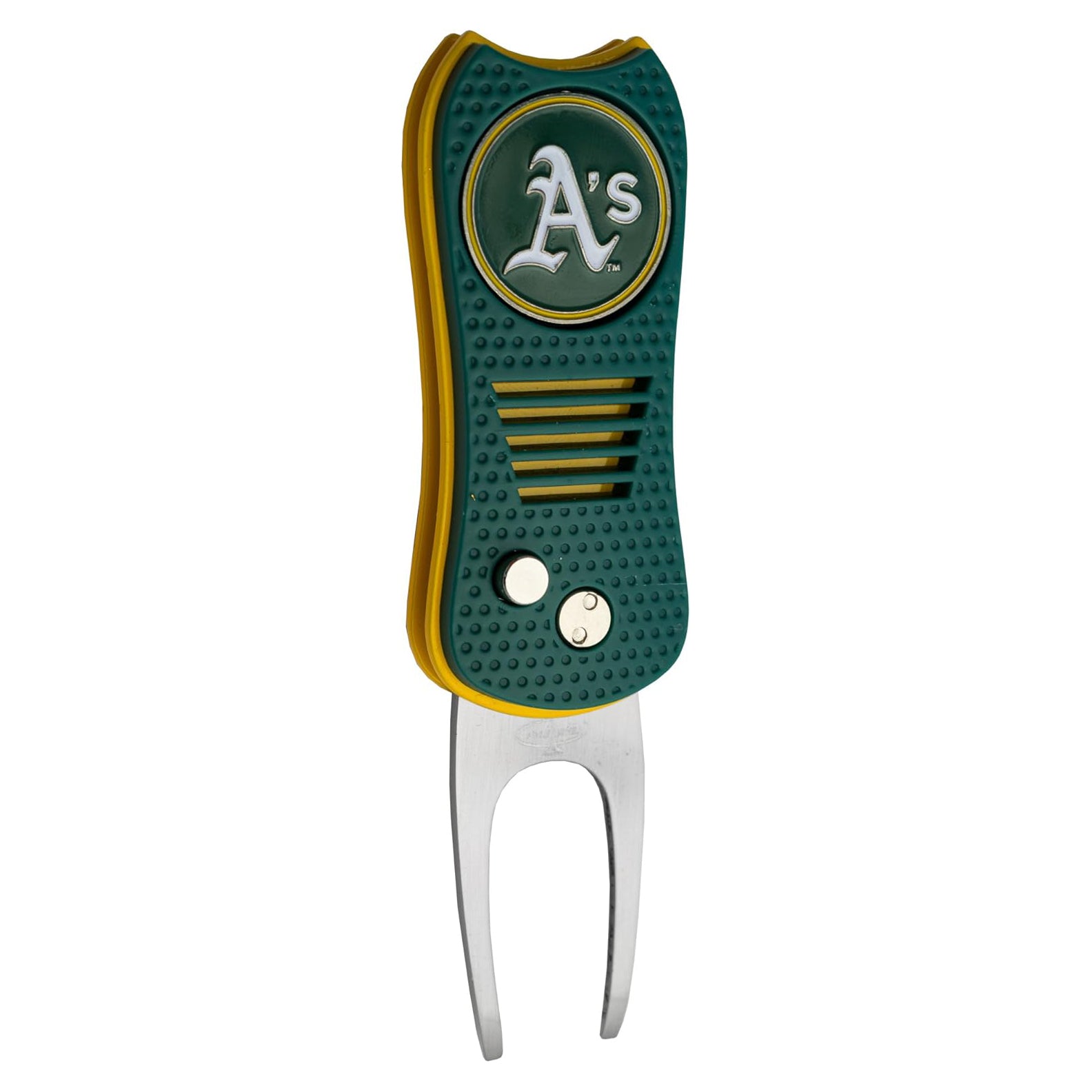 The MLB Switchfix Divot Tool with Ball Marker features a green and yellow design, an Oakland A’s logo, textured grip, two metal prongs, and a convenient magnetic ball marker.