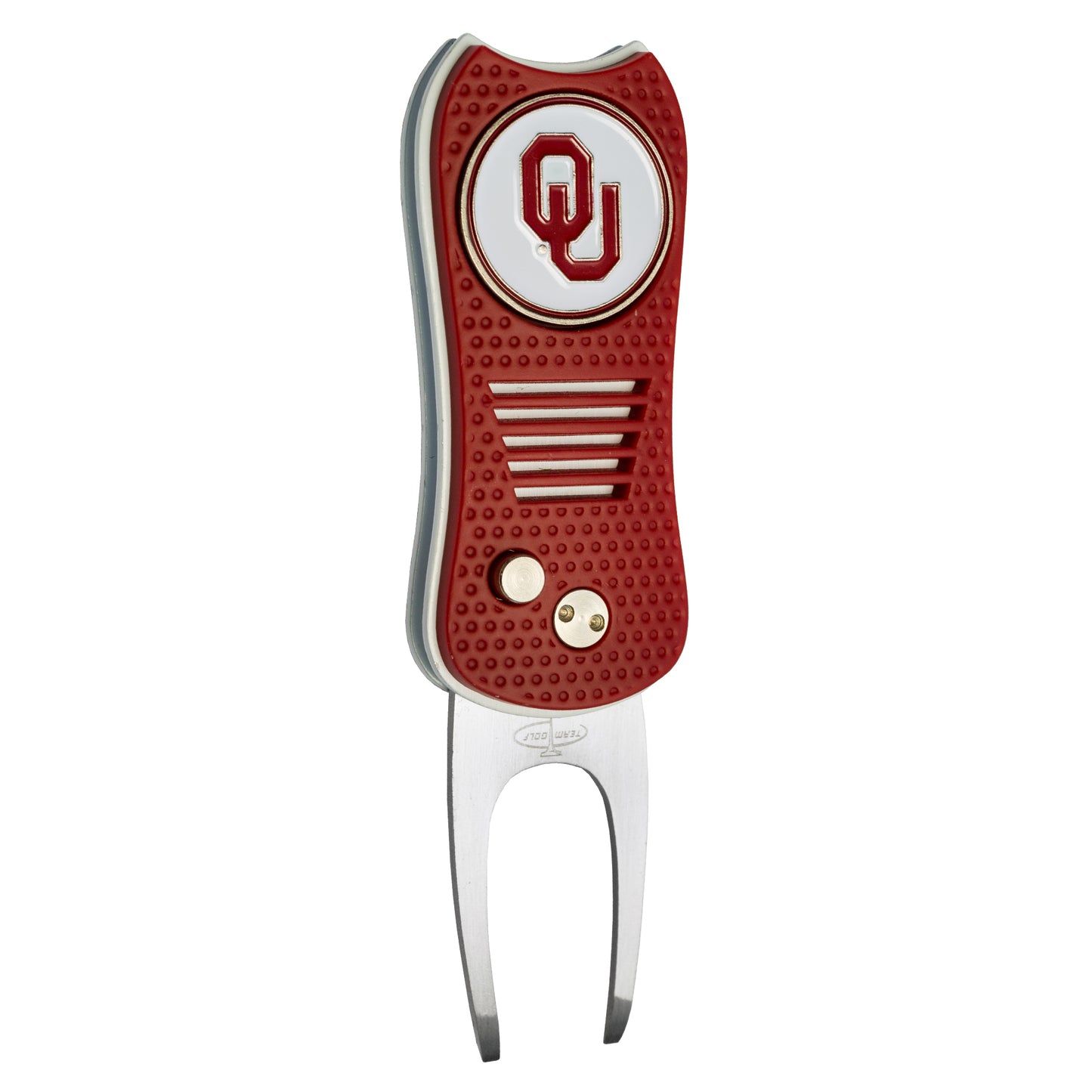 The Switchfix ACC College Switchfix Divot Tool with Ball Marker has a red and silver design, textured grip, Oklahoma Sooners OU logo, two metal prongs, gold-colored buttons, and a switchblade mechanism for easy use on the course.
