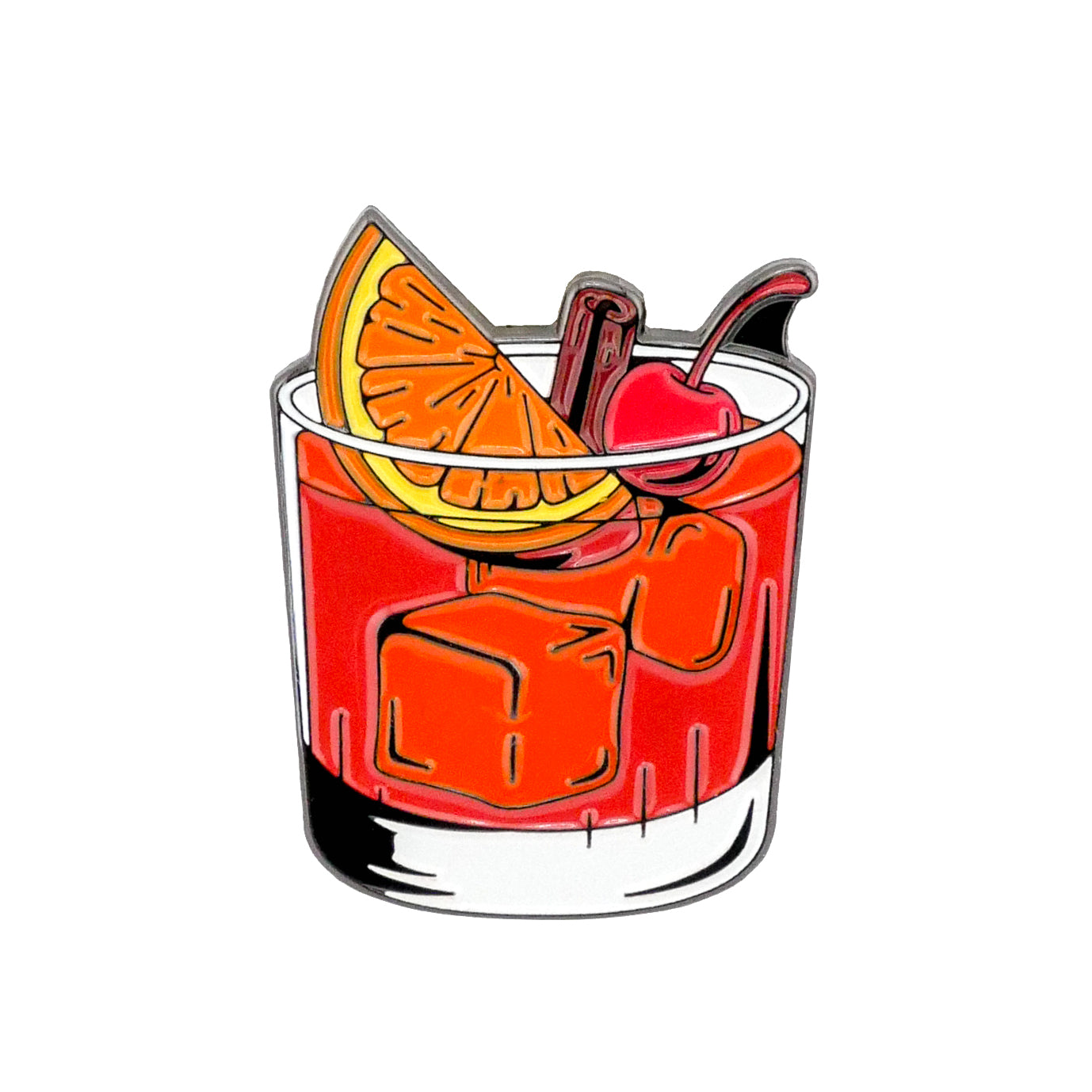 A glass of orange cocktail with ice, an orange slice, and a cherry garnish is shown on white, paired with the Old Fashioned Ball Marker by Ballmarkers.com—ideal for adding style to your next golf round.